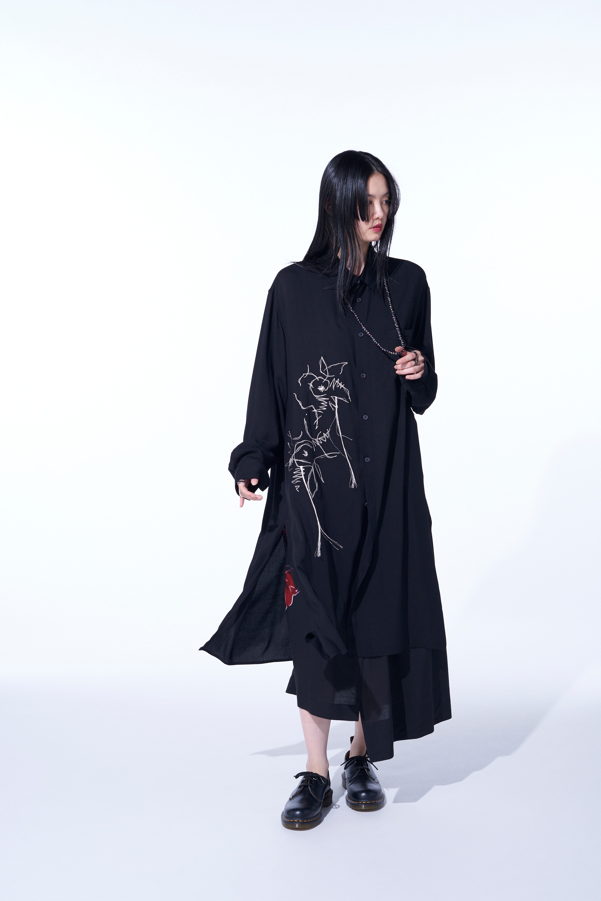 RAYON WASHER TWILL "CACTUS FLOWER" EMBROIDERY LONG SHIRT