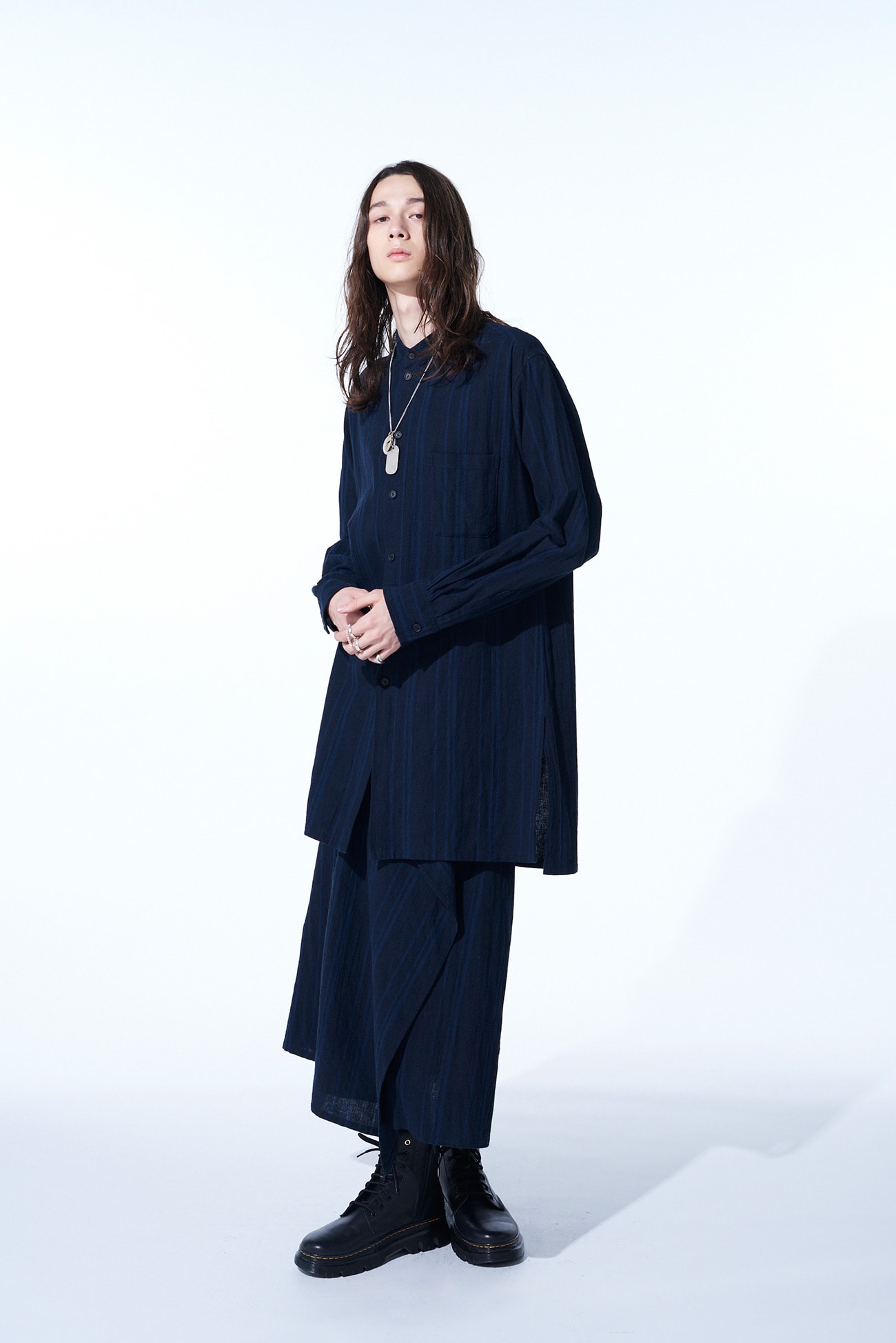 RANDOM STRIPES LOOSE FIT STAND COLLAR SHIRT(M Navy): S'YTE｜THE 