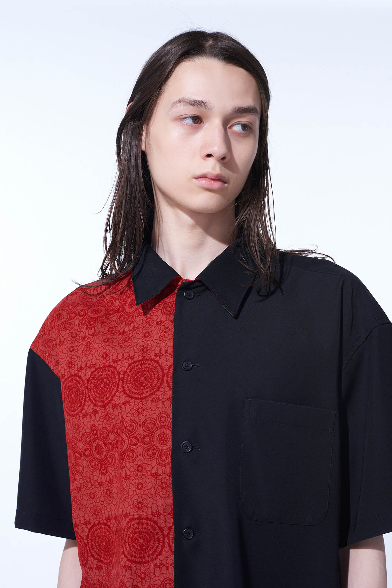 GABARDINE + MURAL LACE FADED FLOCKY LINEN CLOTH OPEN-COLLAR SHIRT