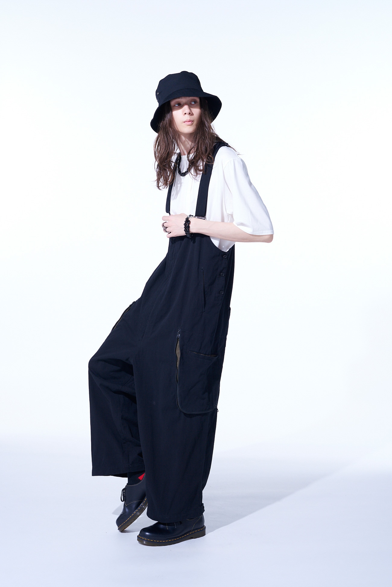 COTTON/HEMP TWILL GUSSETED ZIPPERED POCKET OVERALL(M Black): S'YTE 