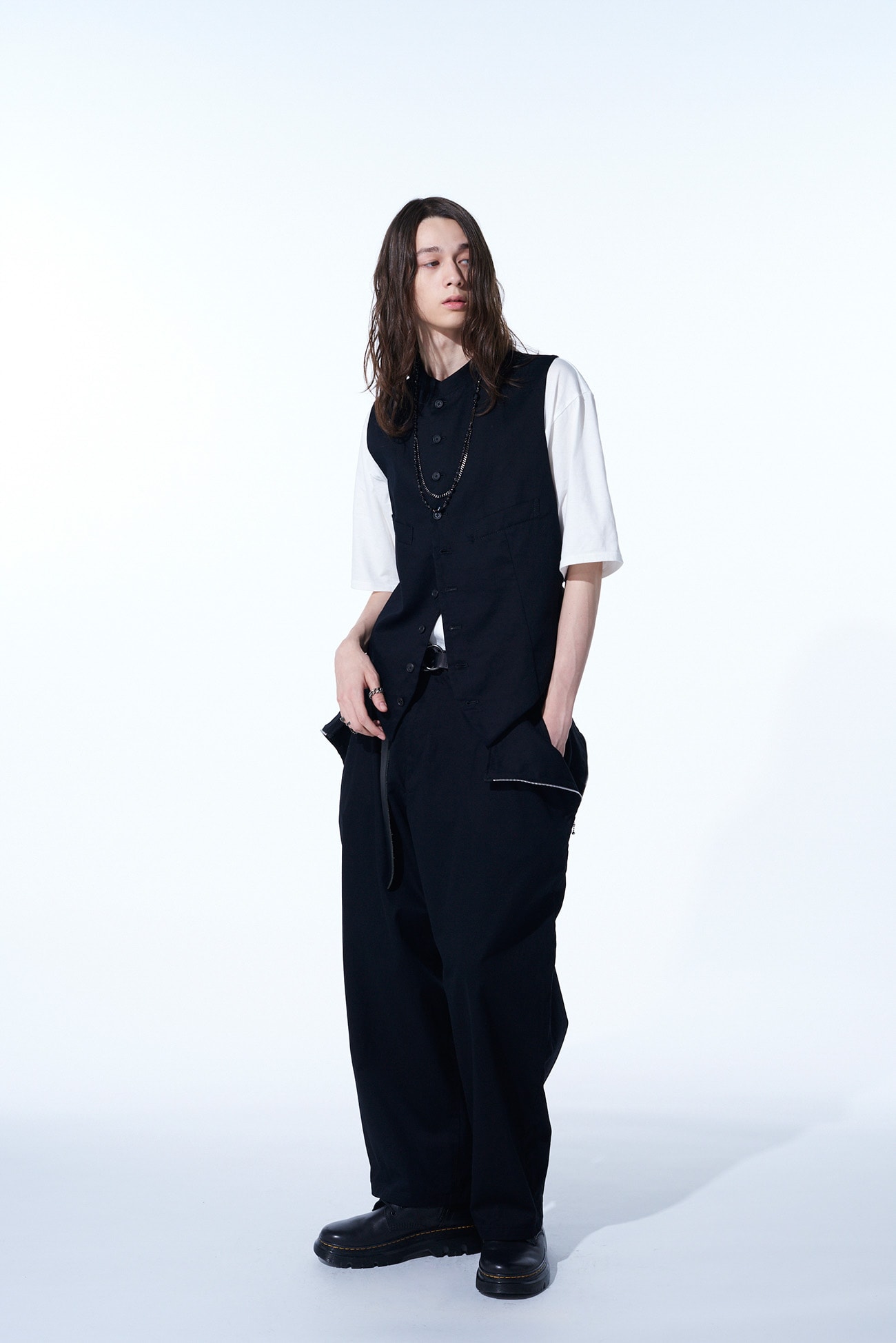 COTTON TWILL DRAWSTRING WIDE PANTS WITH ZIP SIDE POCKET(M Black 