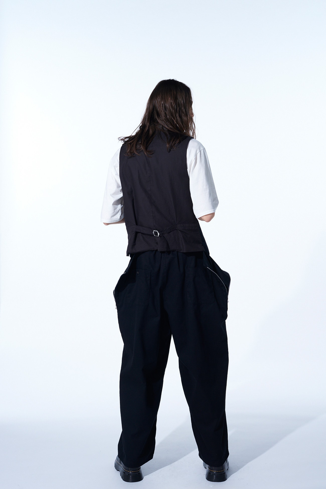 COTTON TWILL DRAWSTRING WIDE PANTS WITH ZIP SIDE POCKET(M Black 
