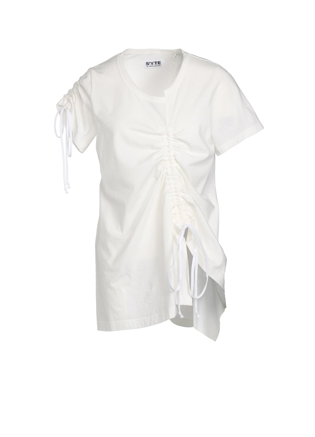 COTTON JERSEY ASYMMETRICAL T-SHIRT WITH GATHERED STRINGS