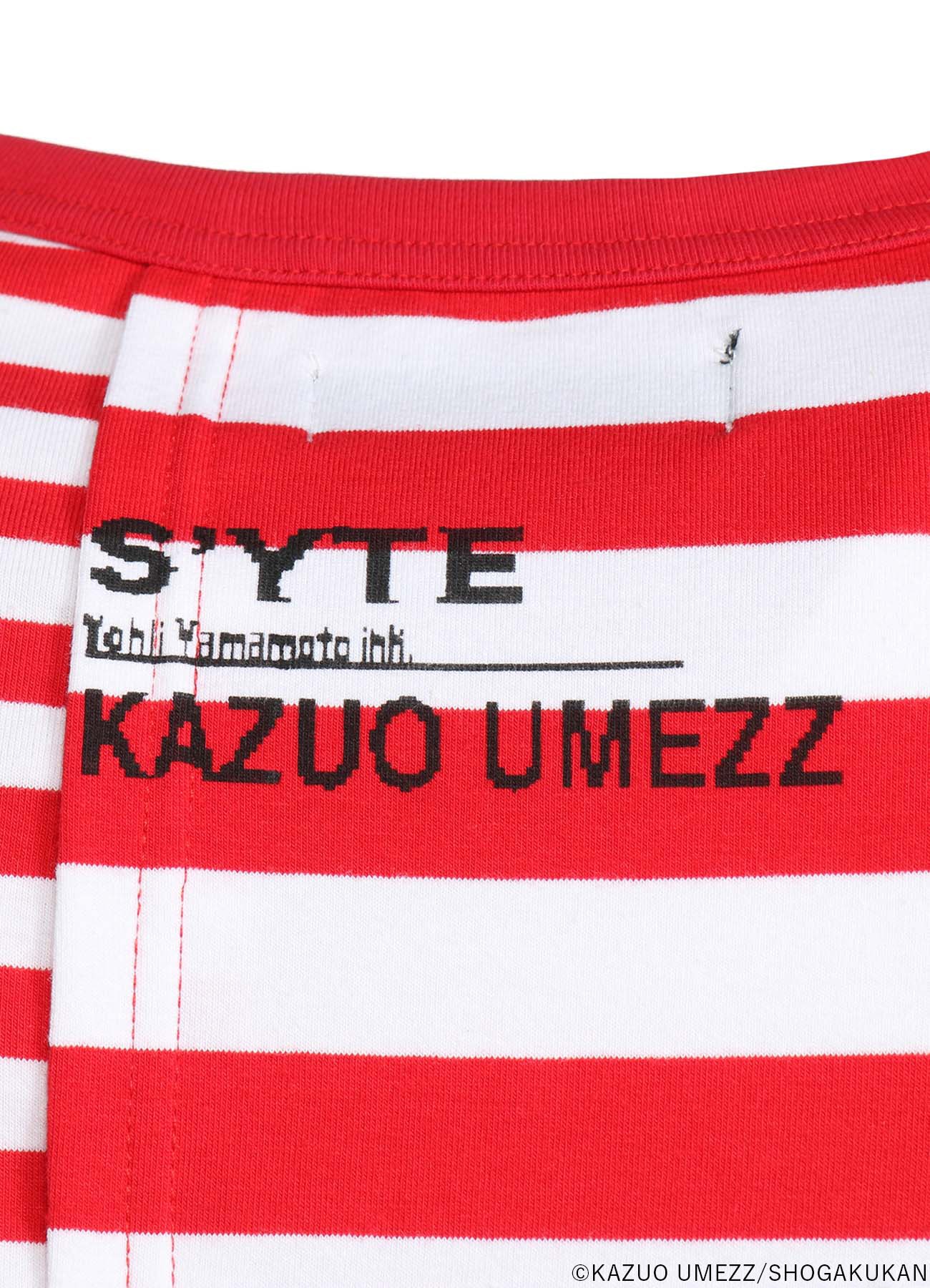 S'YTExKAZUO UMEZZ-MY NAME IS SHINGO- THIN STRIPE + THICK STRIPE SHIFTING LONG SLEEVED T-SHIRT WITH PRINTED ILLUSTRATIONS