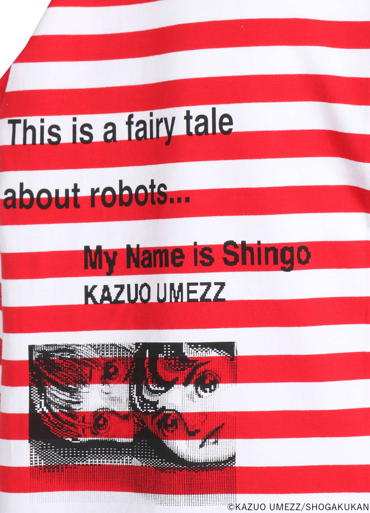 S'YTExKAZUO UMEZZ-MY NAME IS SHINGO- THIN STRIPE + THICK STRIPE SHIFTING LONG SLEEVED T-SHIRT WITH PRINTED ILLUSTRATIONS