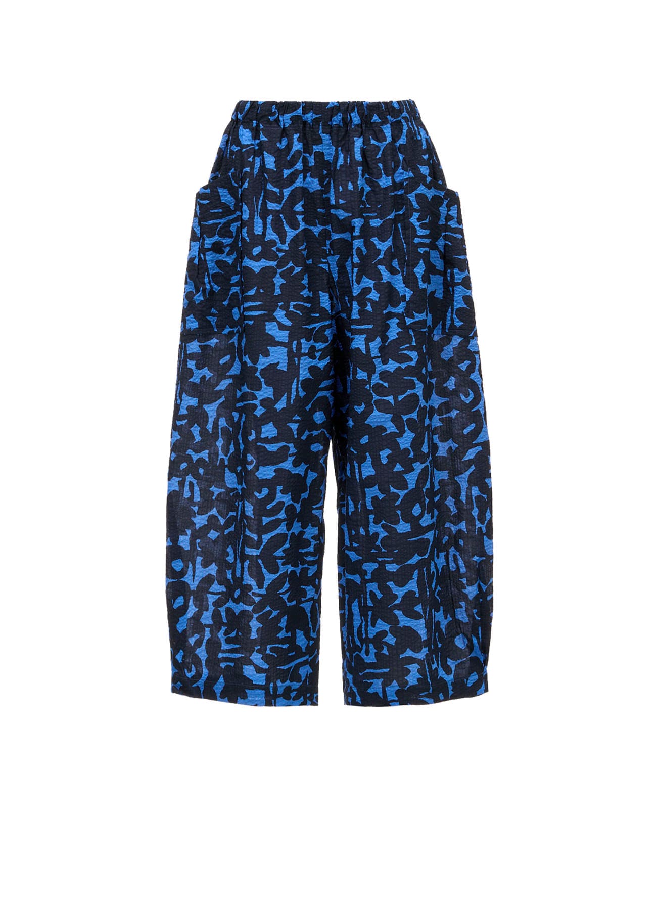 COTTON RIPPLE MOSAIC FLOWER PRINT HEM SLIT PANTS(FREE SIZE Blue