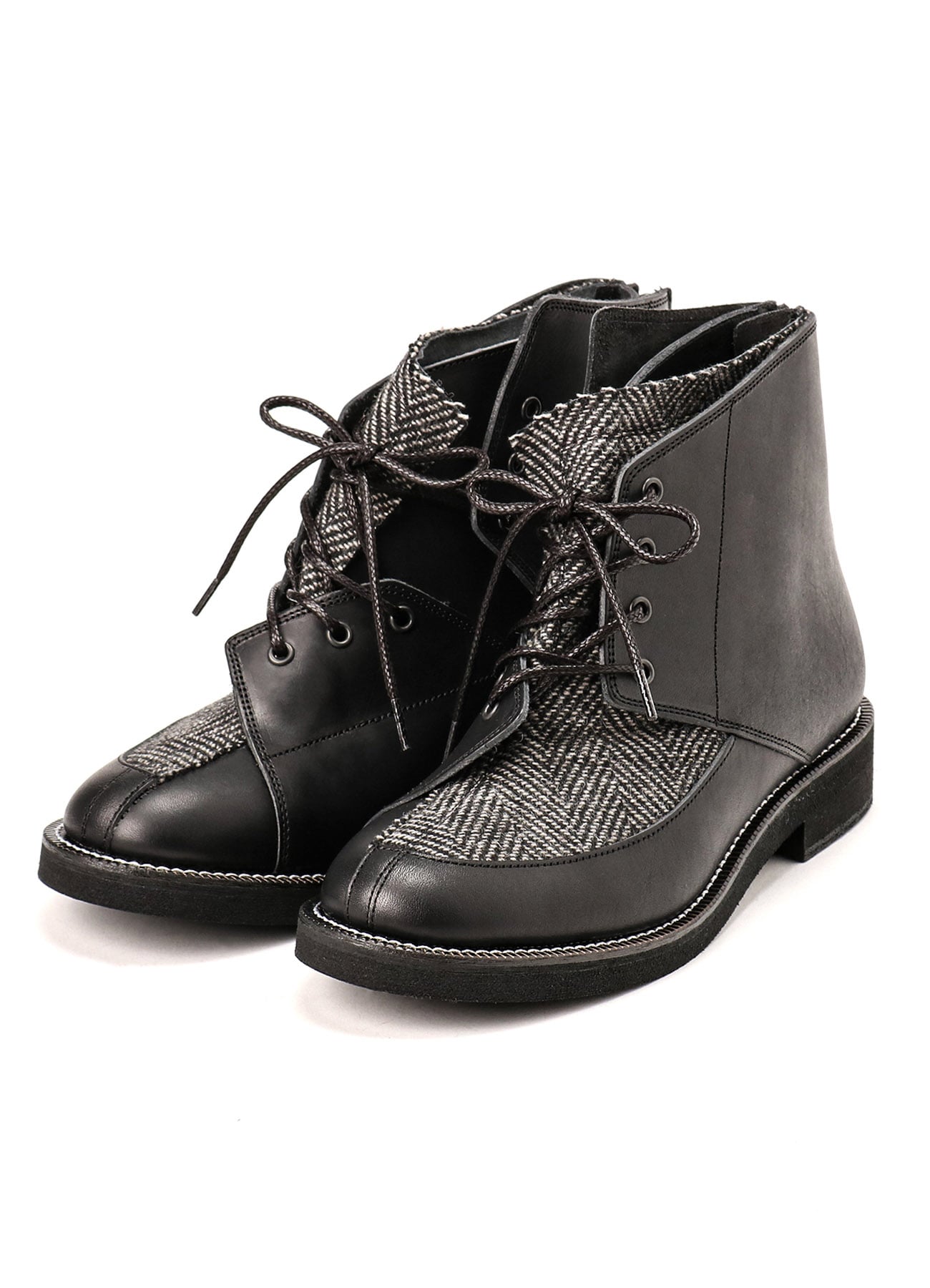 SMOOTH LEATHER/WOOL HERRINGBONE COMBI LACE-UP BOOTS