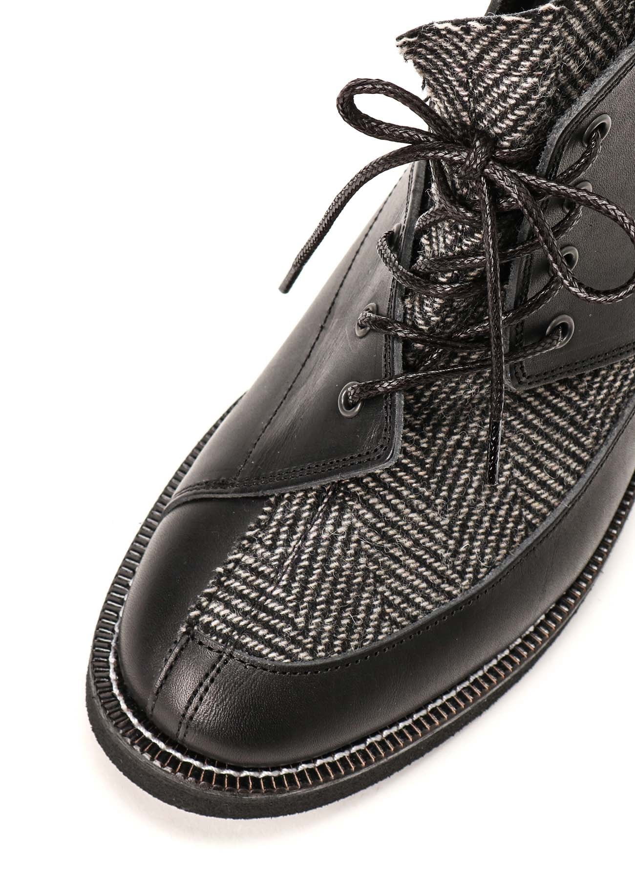 SMOOTH LEATHER/WOOL HERRINGBONE COMBI LACE-UP BOOTS