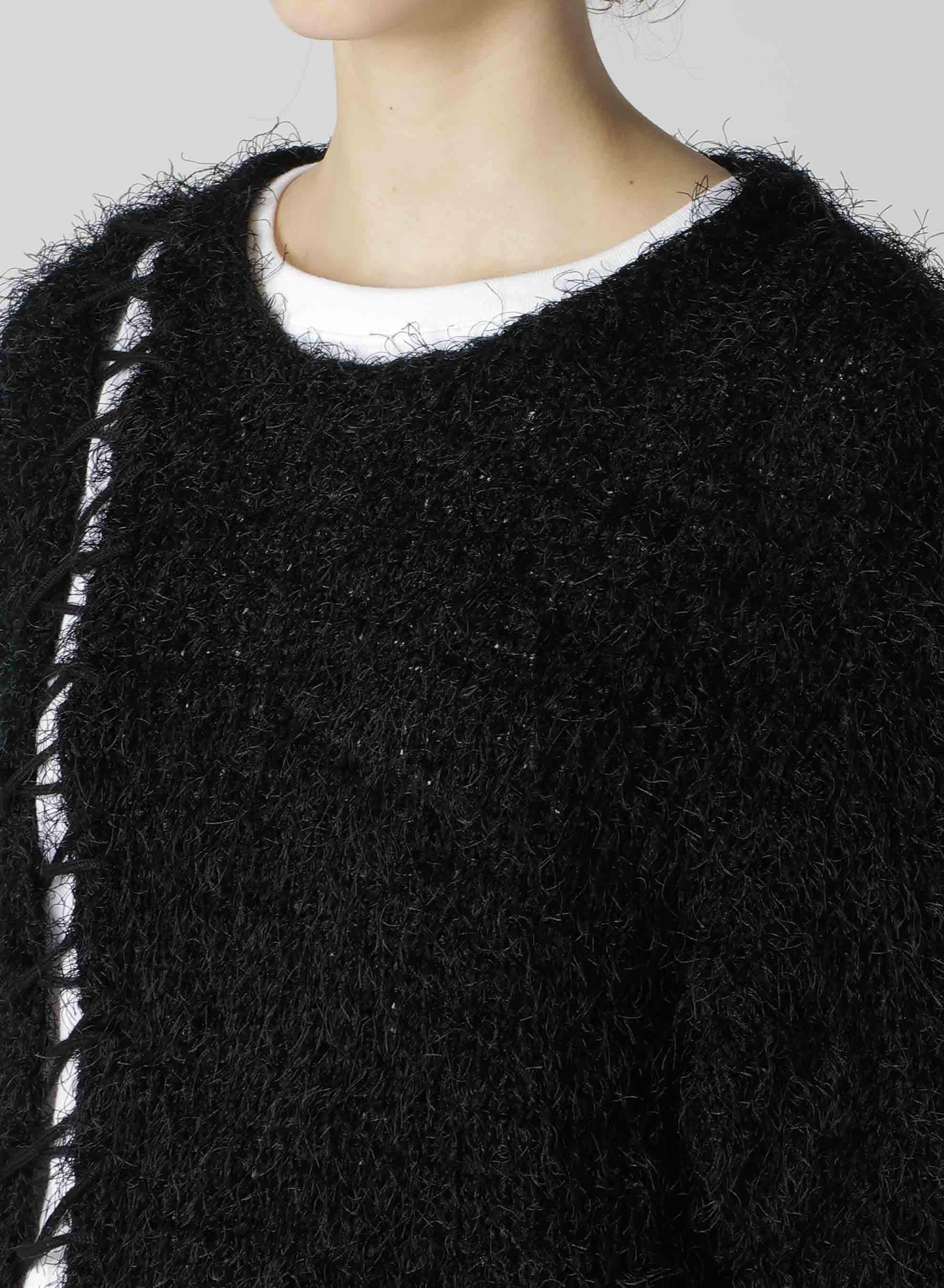 LACE-UP SHAGGY KNIT PULLOVER