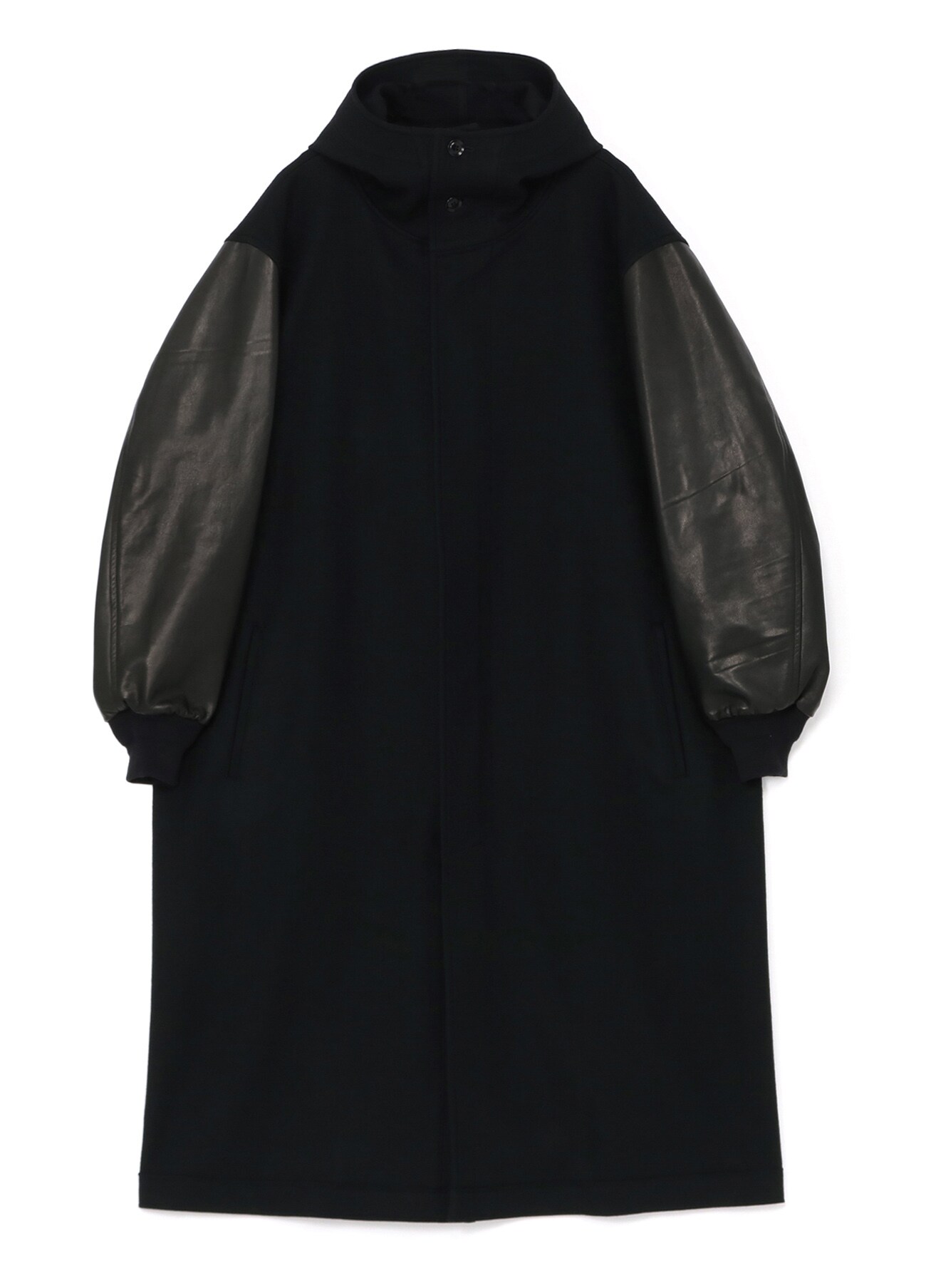Y's BANG ON!No.185 WOOL MELTON SMOOTH + COW LEATHER 2-STEP RIB HOODED COAT