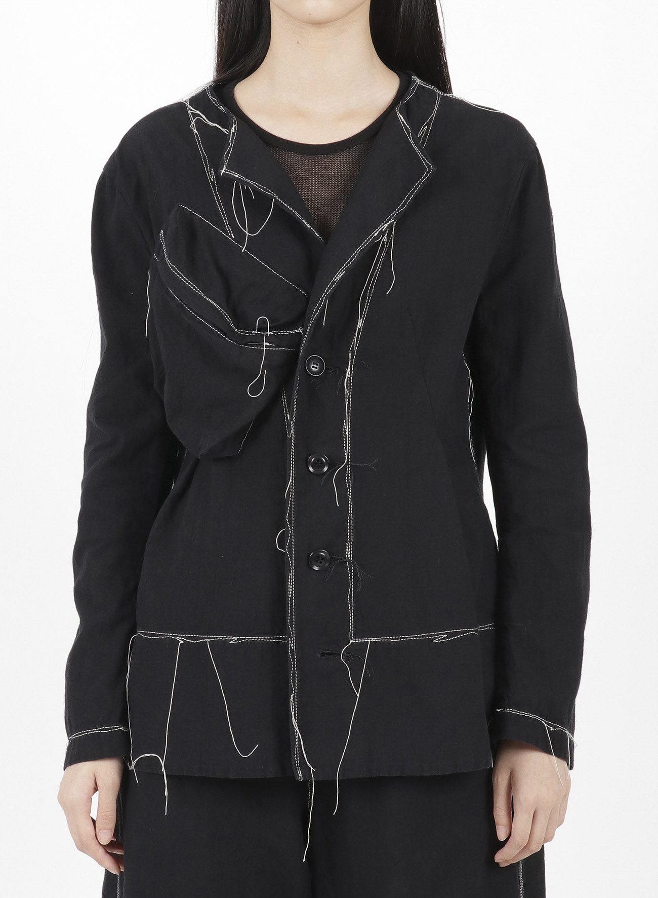 LINEN COTTON CANVAS RANDOM CHECK DYE NO COLLAR JACKET