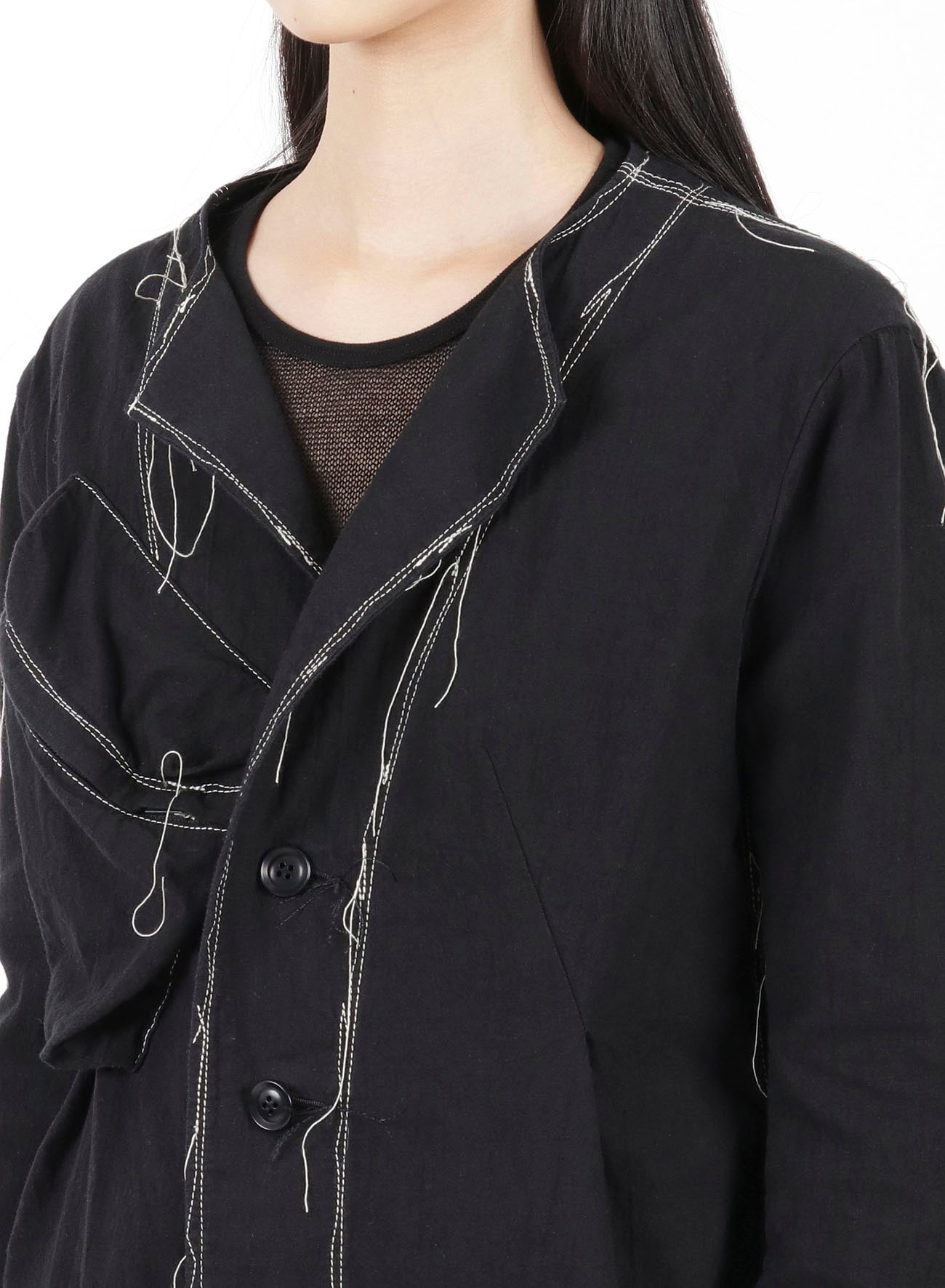 LINEN COTTON CANVAS RANDOM CHECK DYE NO COLLAR JACKET