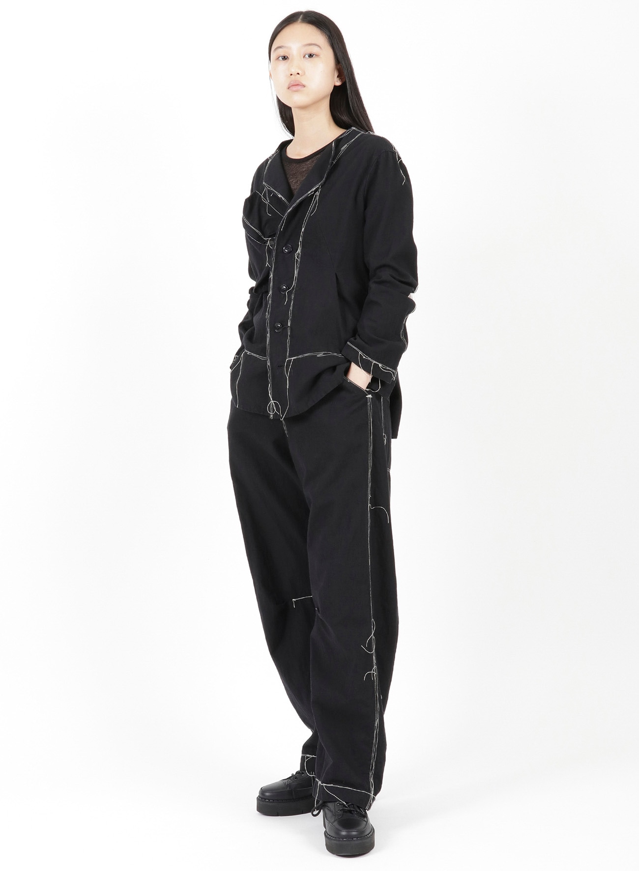 LINEN COTTON CANVAS RANDOM CHECK DYE NO COLLAR JACKET