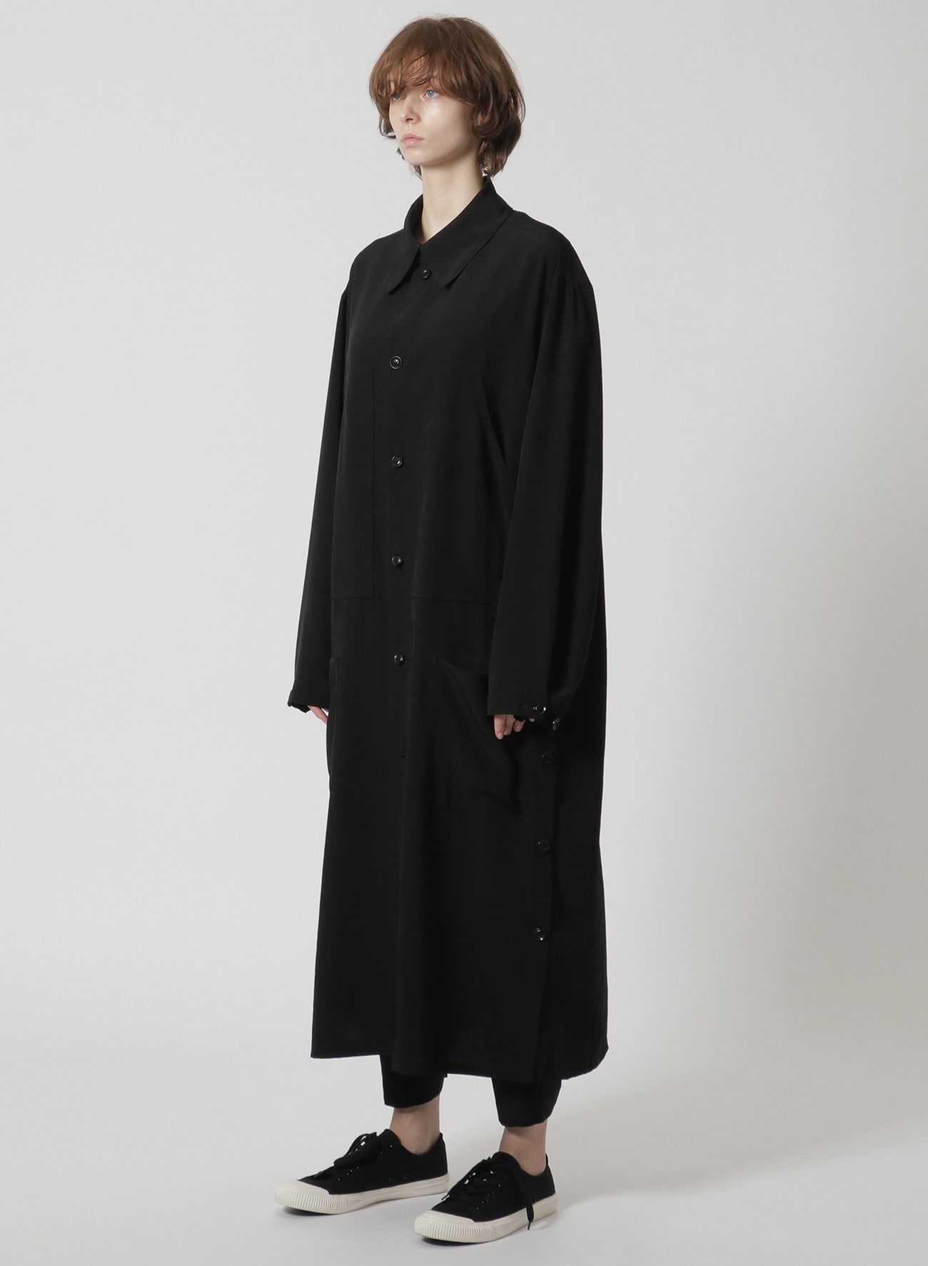 [Y's-Black Name]TRIACETATE POLYESTER CREPE de CHINE SIDE VENT WORK SHIRT COAT