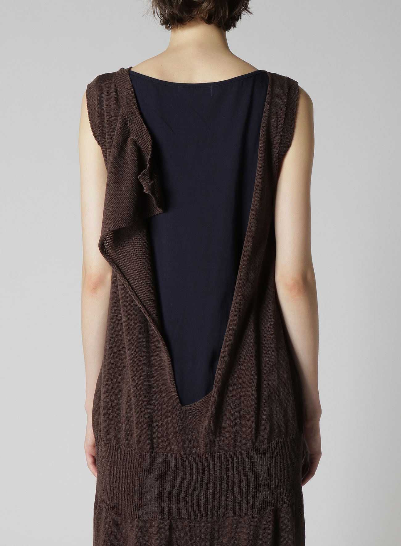 COTTON LINEN LIKE FINISH CUT OFF LAYERED ONEPIECE(S Brown 