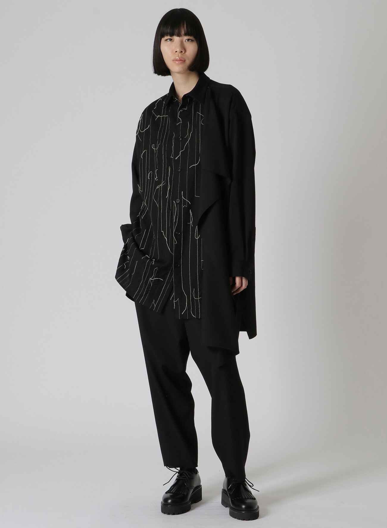 WOOL OVERSIZED LEFT FLAP PANEL SHIRT(XS Black): Y's｜THE SHOP