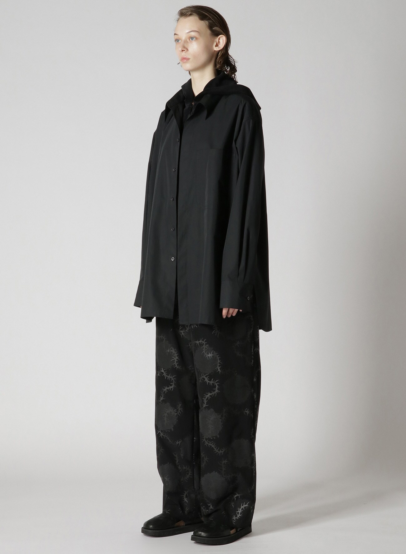 SUPIMA COTTON DOUBLE LAYERED SHIRT/HOODIE HYBRID(M Black): Y's