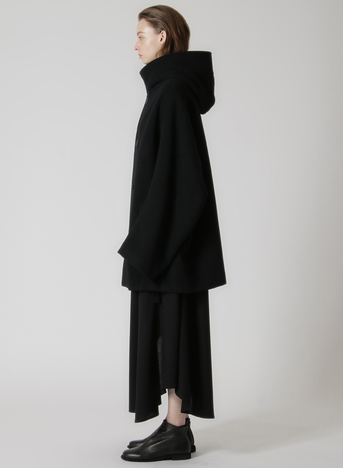 WOOL MOSSER SHORT HOODED COAT(XS Black): Y's｜THE SHOP YOHJI YAMAMOTO