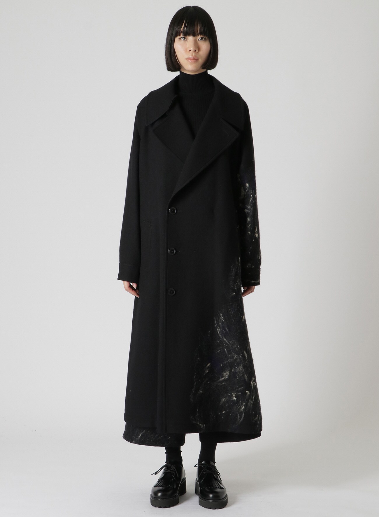 NEEDLE PUNCHED WOOL HERRINGBONE PEAK LAPEL COAT(XS Black): Y's