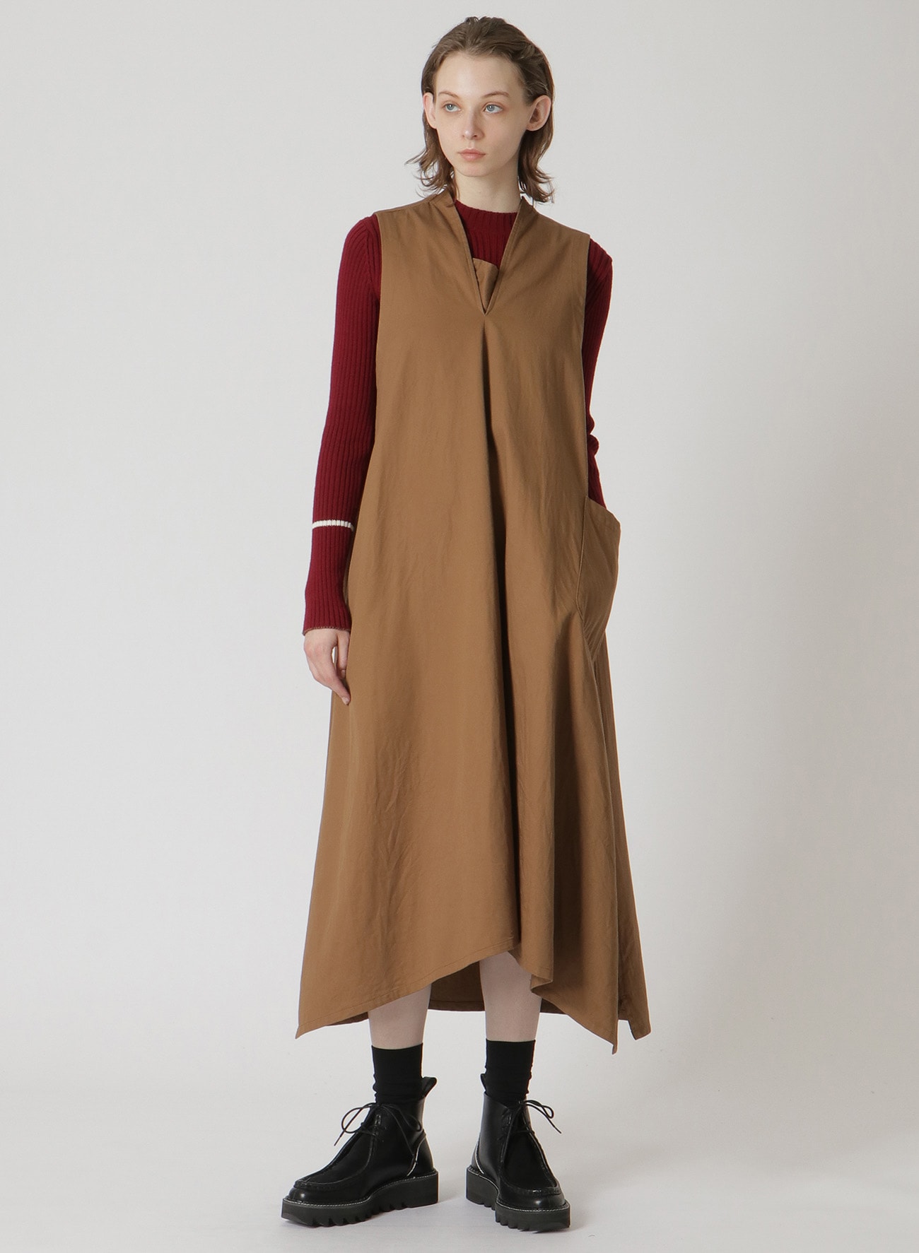 Y's BORN PRODUCT] COTTON TWILL V-NECK DRESS(S Brown): Y's｜THE 