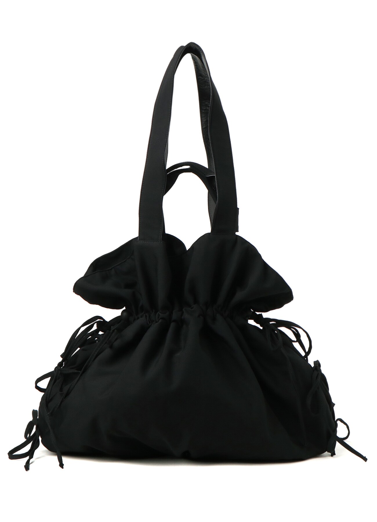 WOOL GABARDINE + LEATHER DRAWSTRING TOTE BAG(S Black): Y's｜THE