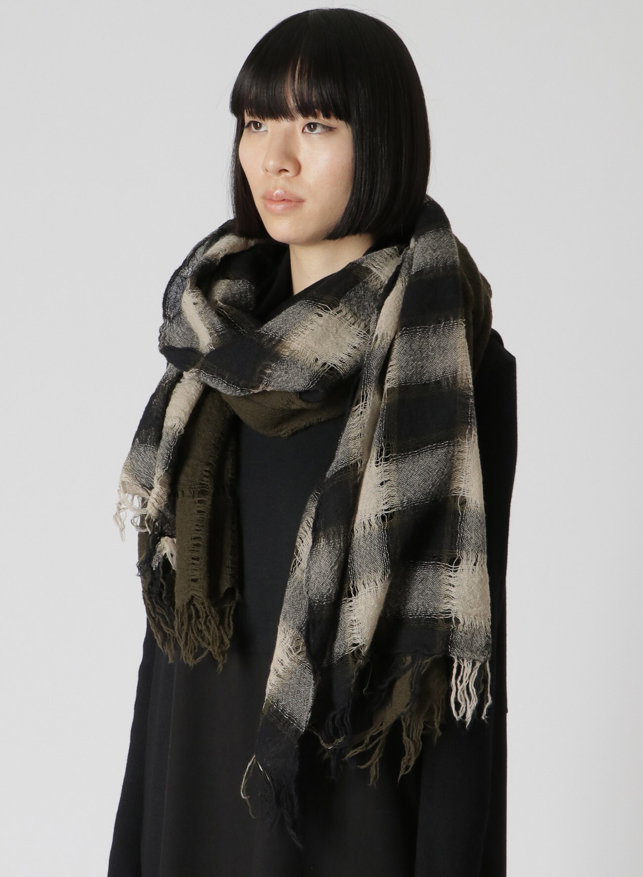 2-LAYER PLAID SCARF(FREE SIZE Black): Y's｜THE SHOP YOHJI YAMAMOTO