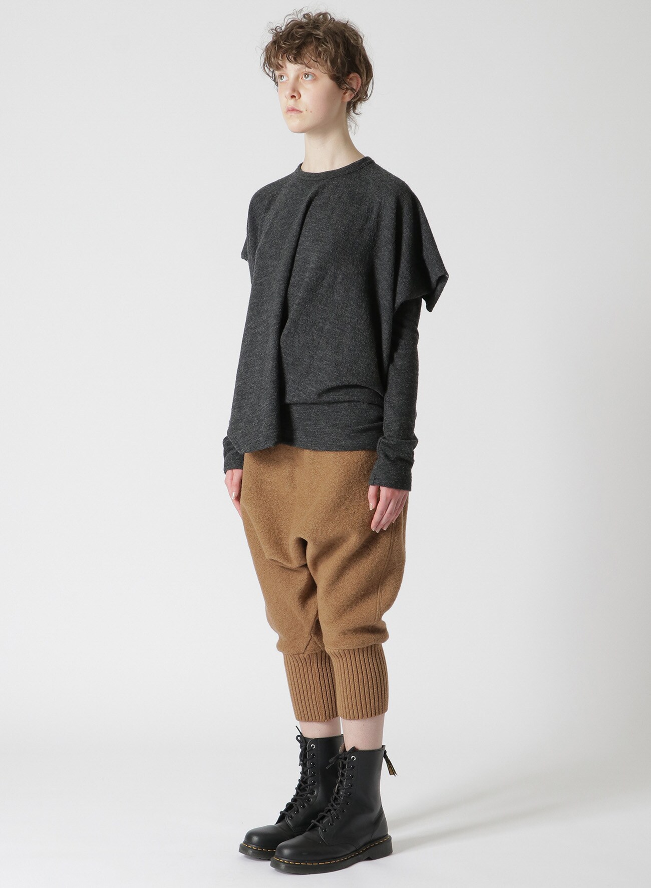 WOOL FELT ROUND NECK LONG SLEEVE T-SHIRT(S Charcoal): Y's｜THE