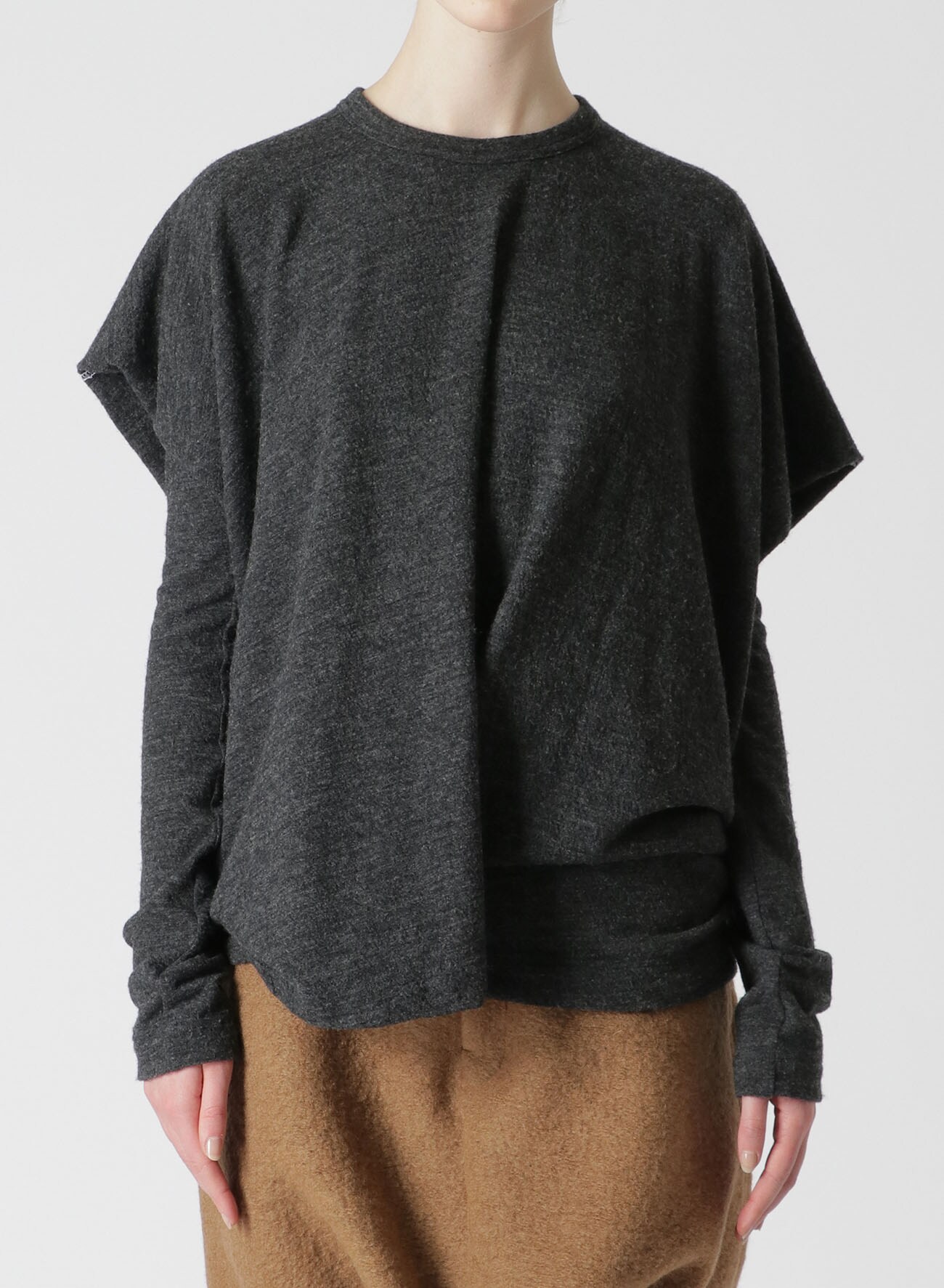 WOOL FELT ROUND NECK LONG SLEEVE T-SHIRT(S Charcoal): Y's｜THE