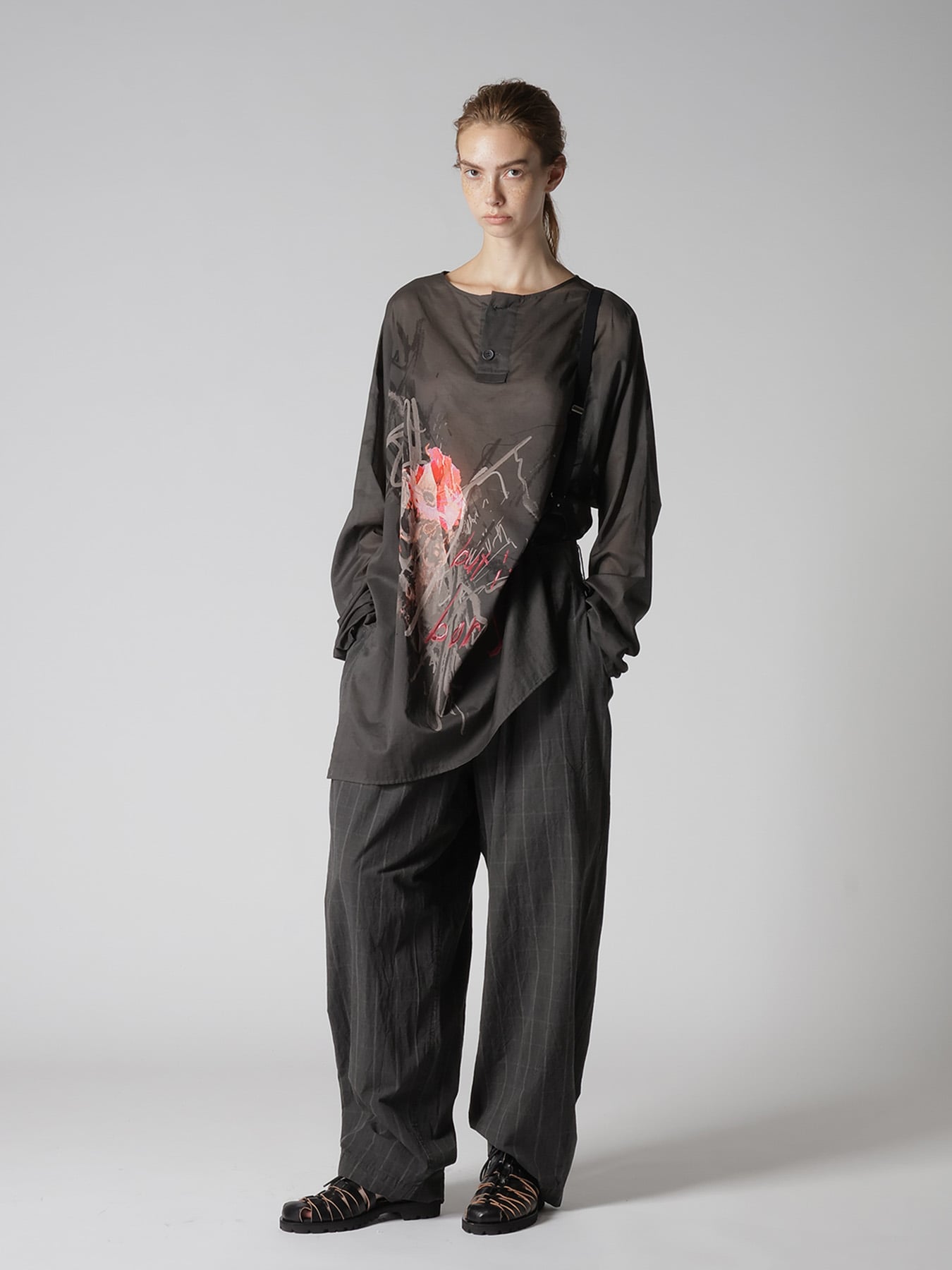 COTTON LAWN "BUT IT'S BORING" PRINT HENLEY NECK BLOUSE