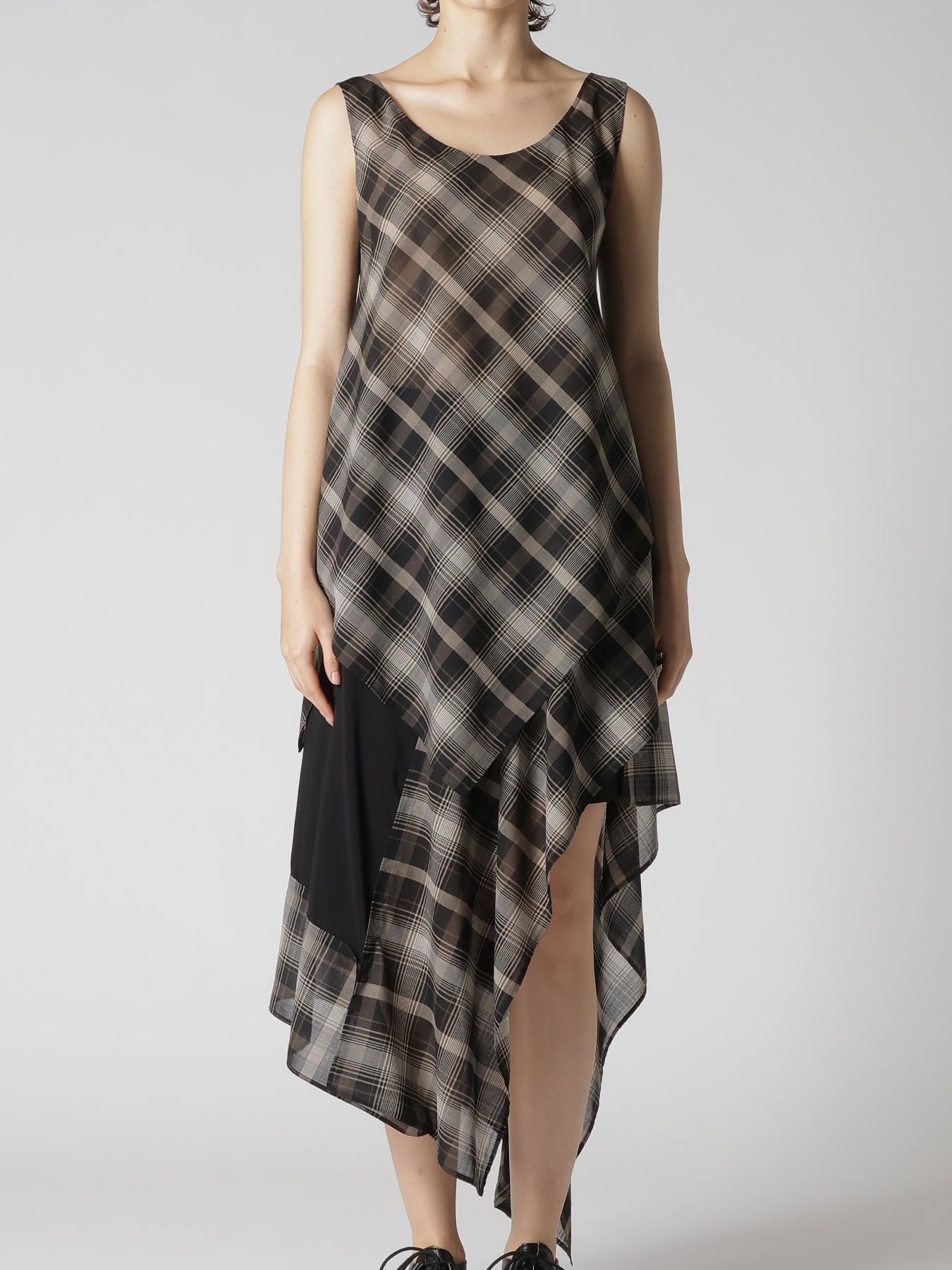 W/PE VOILE PLAID UNEVEN TANKTOP