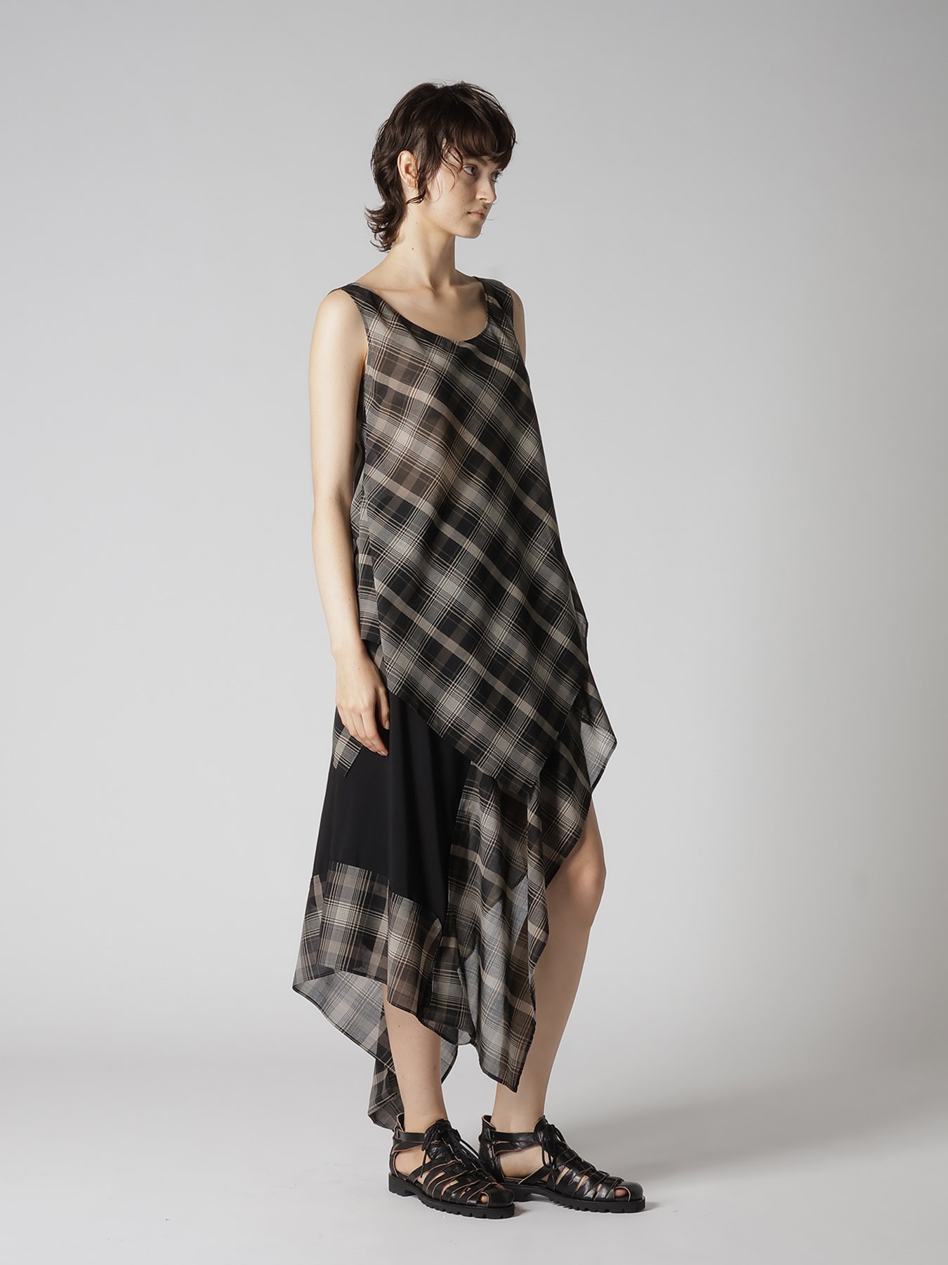 W/PE VOILE PLAID UNEVEN TANKTOP
