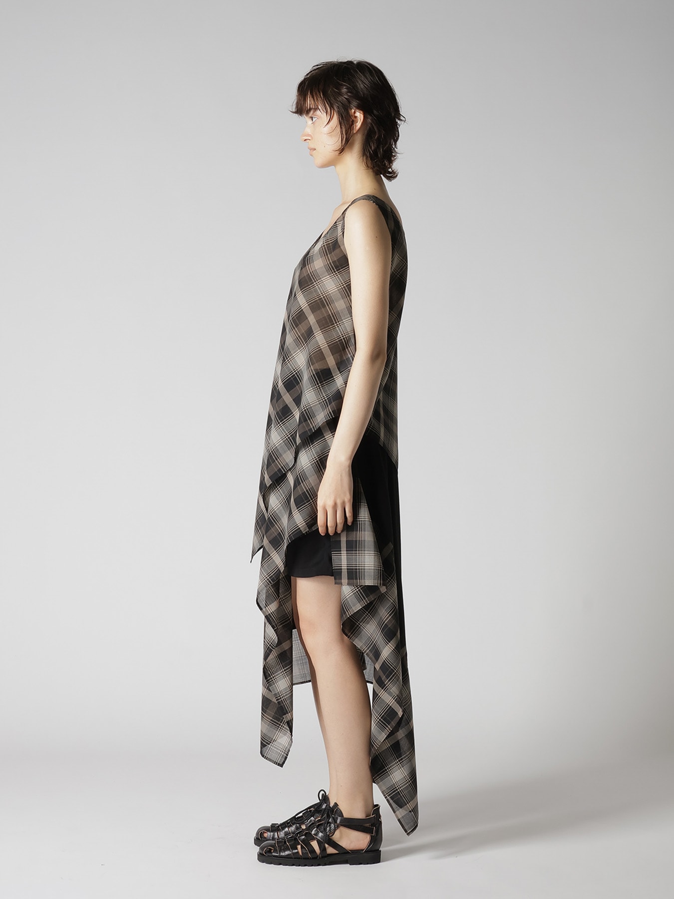 W/PE VOILE PLAID UNEVEN TANKTOP