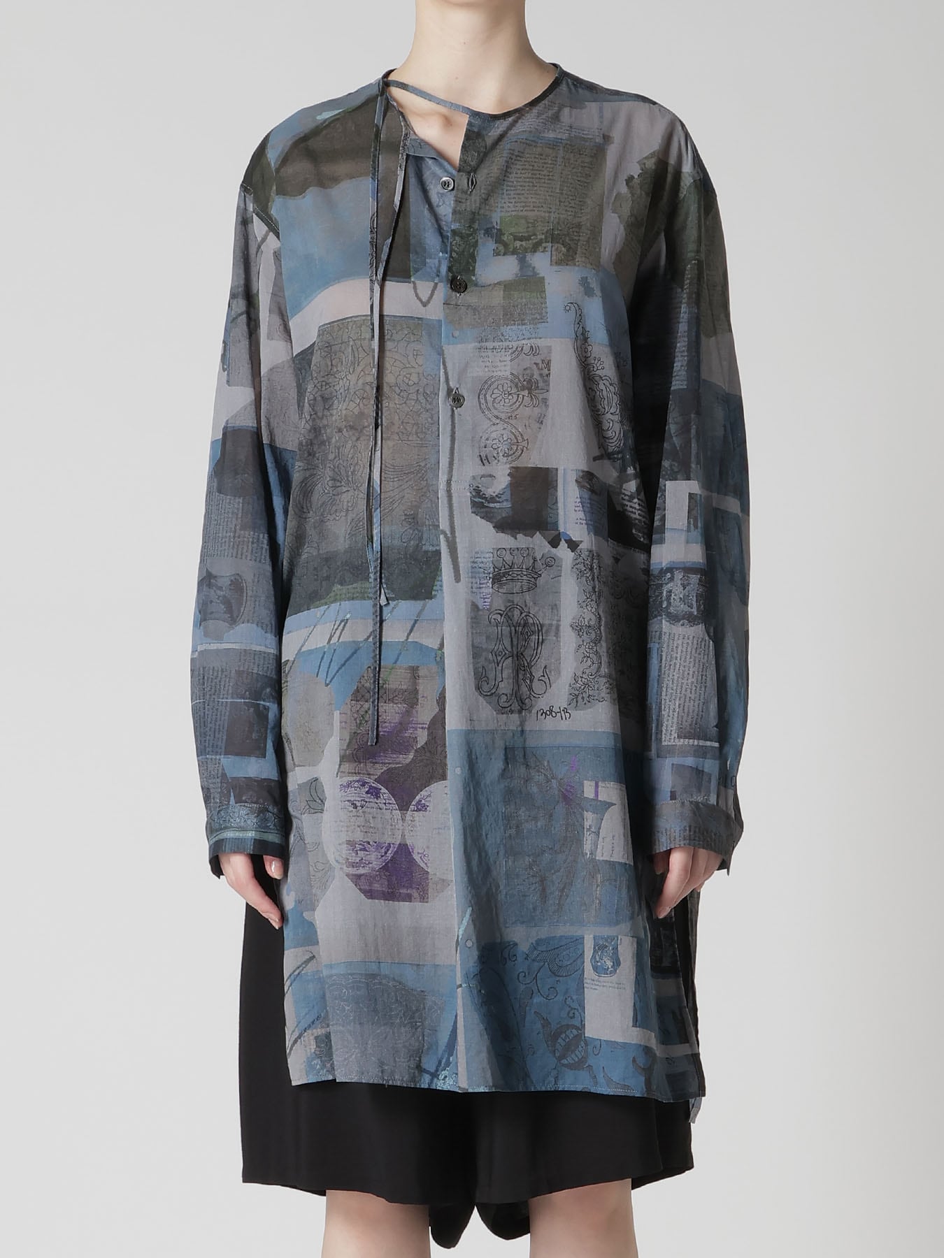 COTTON LAWN VASE COLLAGE PRINT DRAW STRING BLOUSE