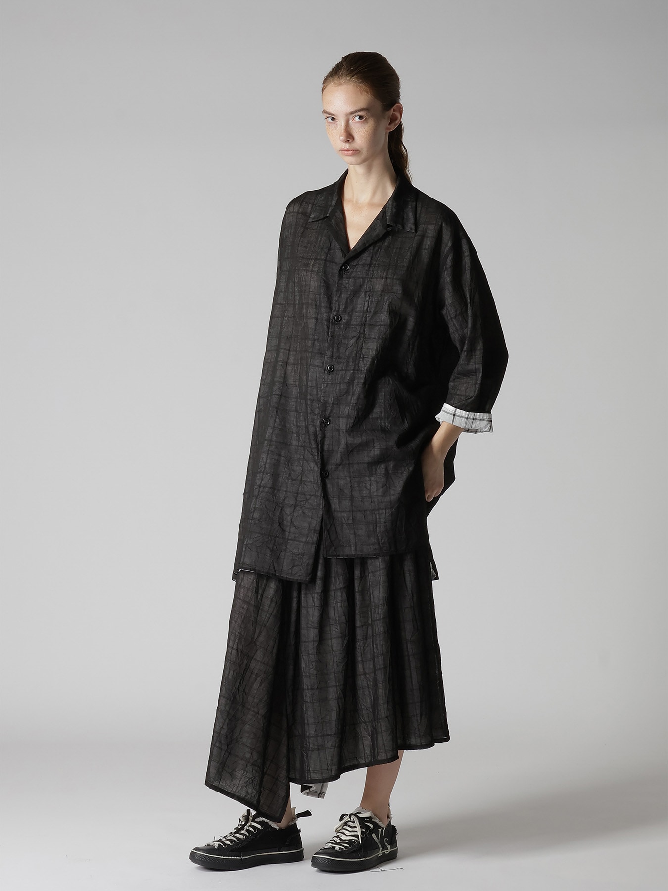 SHEER COTTON-LINEN PLAID LAYER BLOUSE