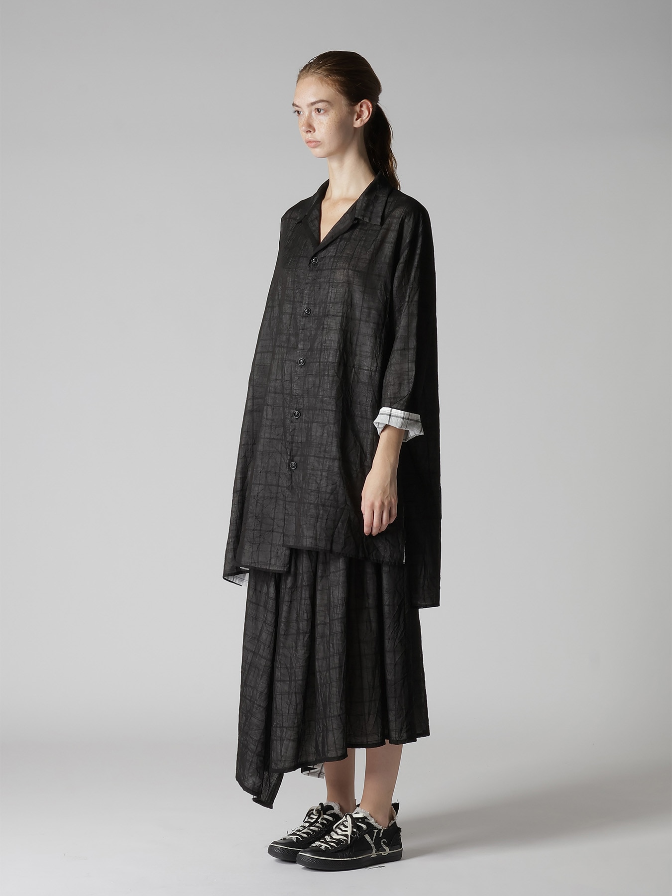 SHEER COTTON-LINEN PLAID LAYER BLOUSE