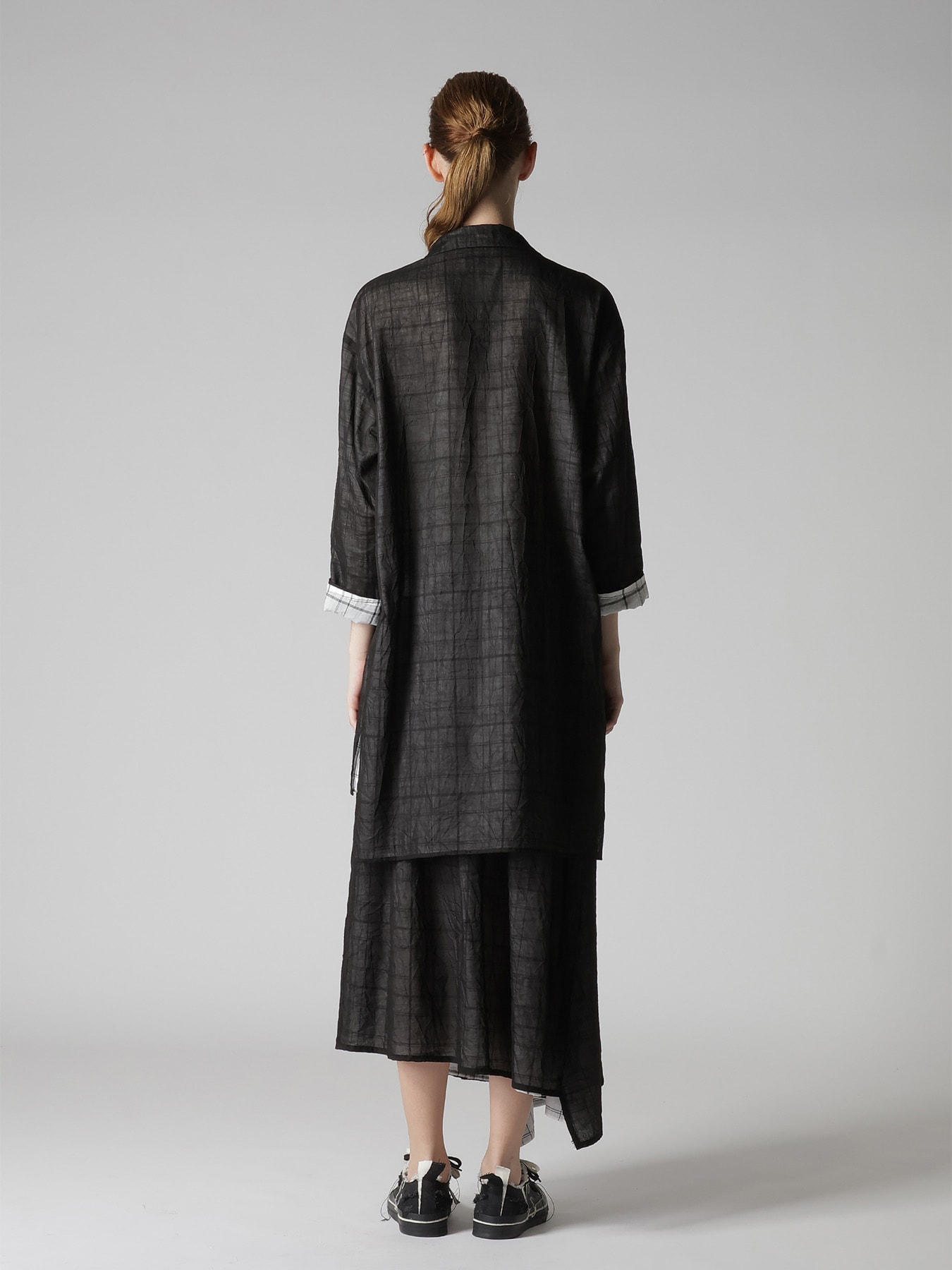 SHEER COTTON-LINEN PLAID LAYER BLOUSE