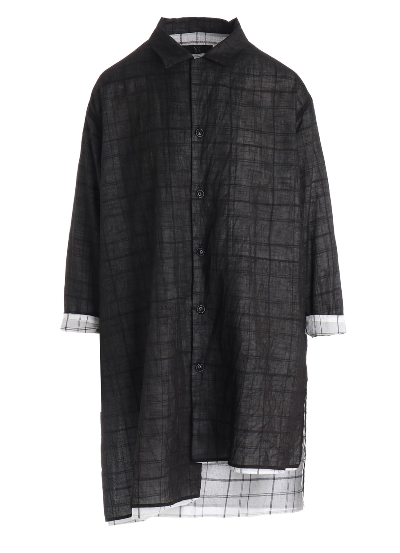 SHEER COTTON-LINEN PLAID LAYER BLOUSE