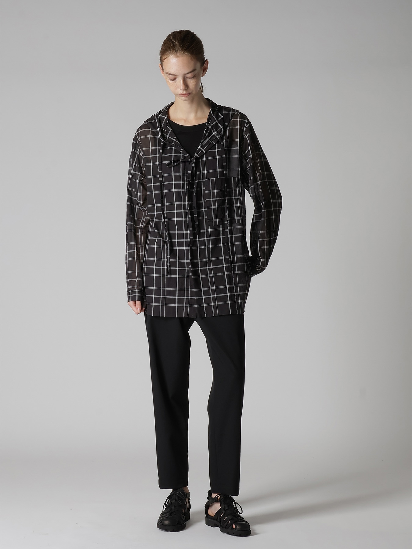 ORGANIC COTTON PLAID HOODED BLOUSE