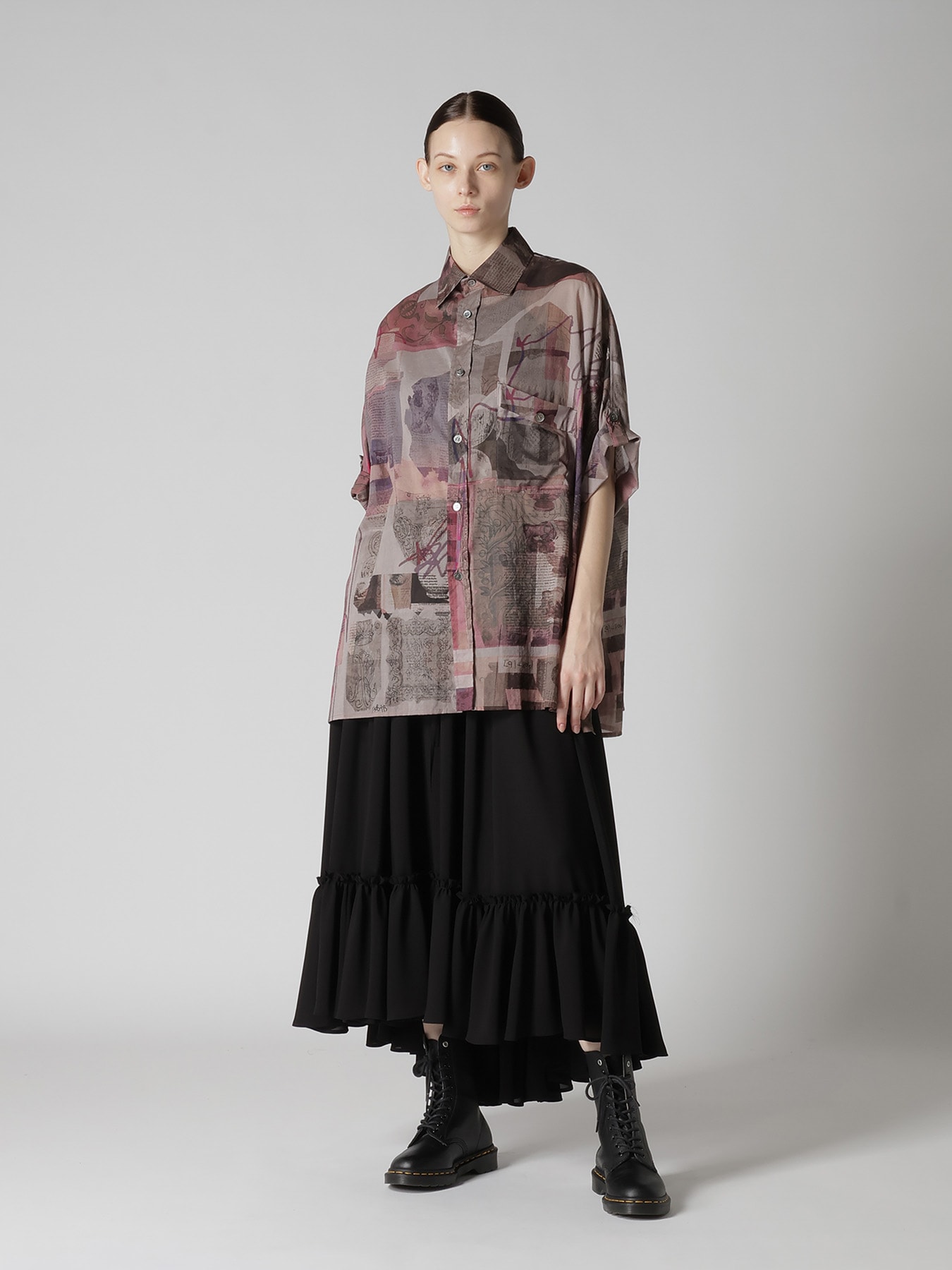 COTTON LAWN VASE COLLAGE PRINT DOLMAN SLEEVE SHIRT