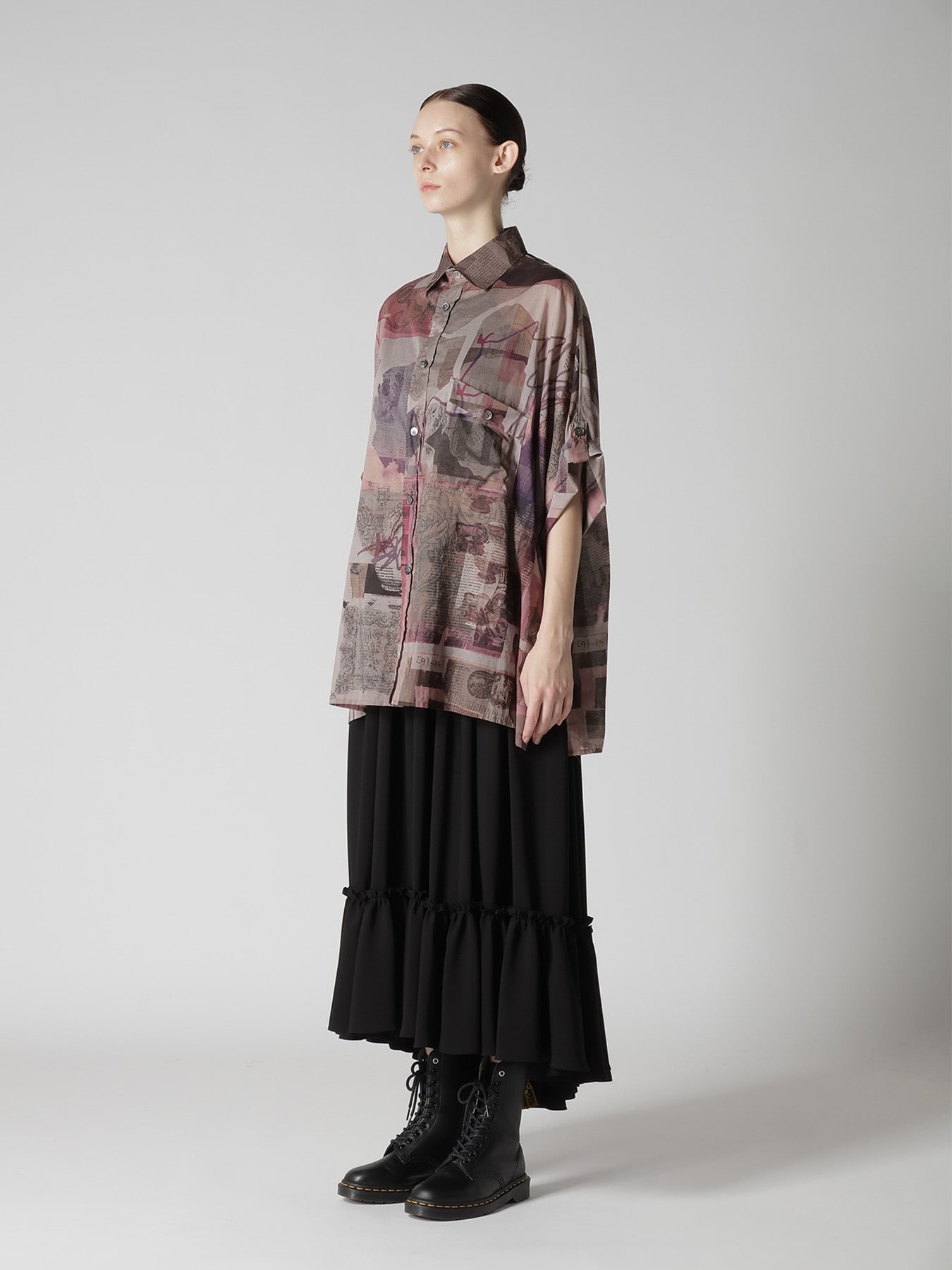 COTTON LAWN VASE COLLAGE PRINT DOLMAN SLEEVE SHIRT