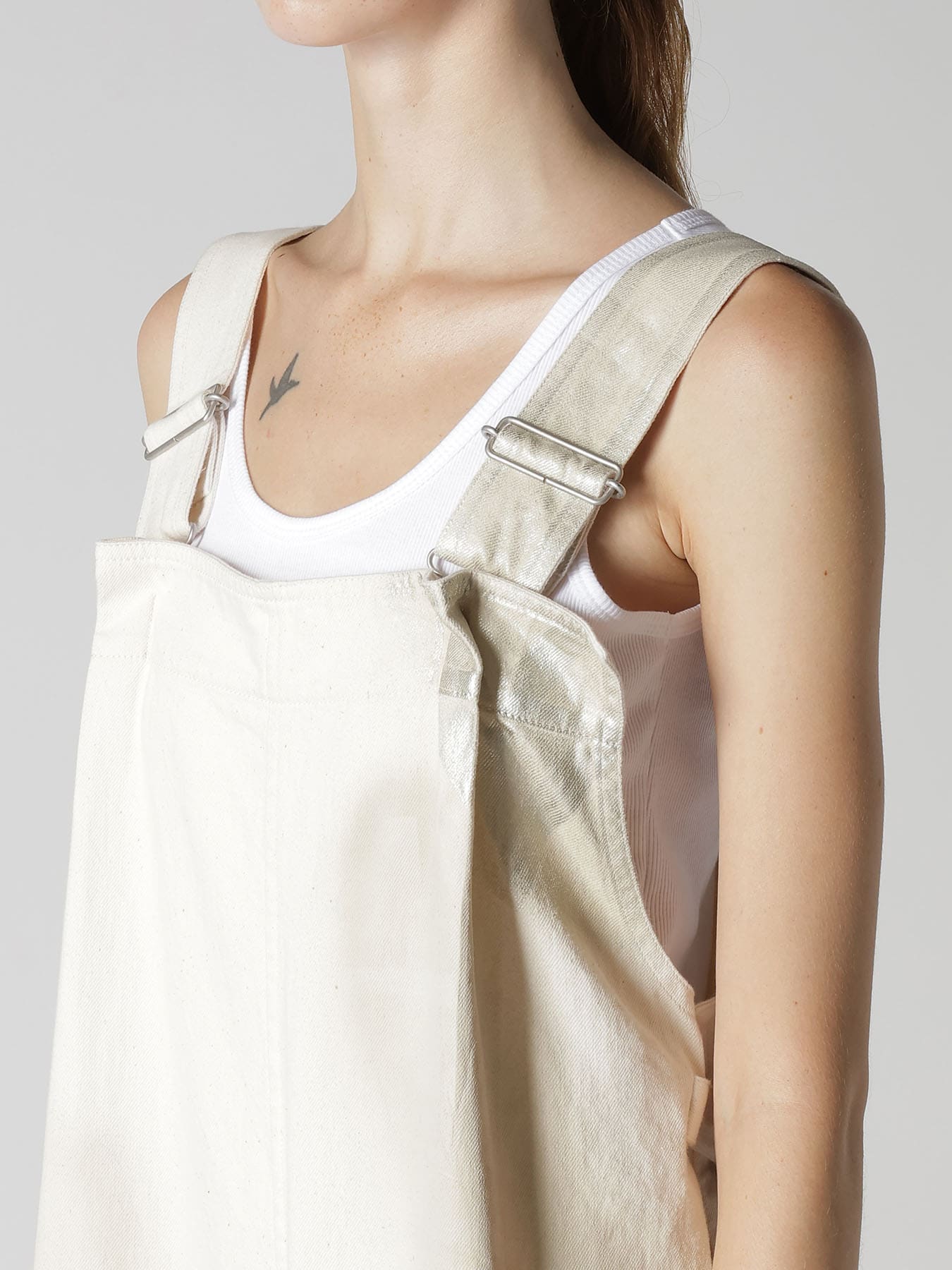 8OZ DENIM FOIL PRINT SALOPETTE PANTS