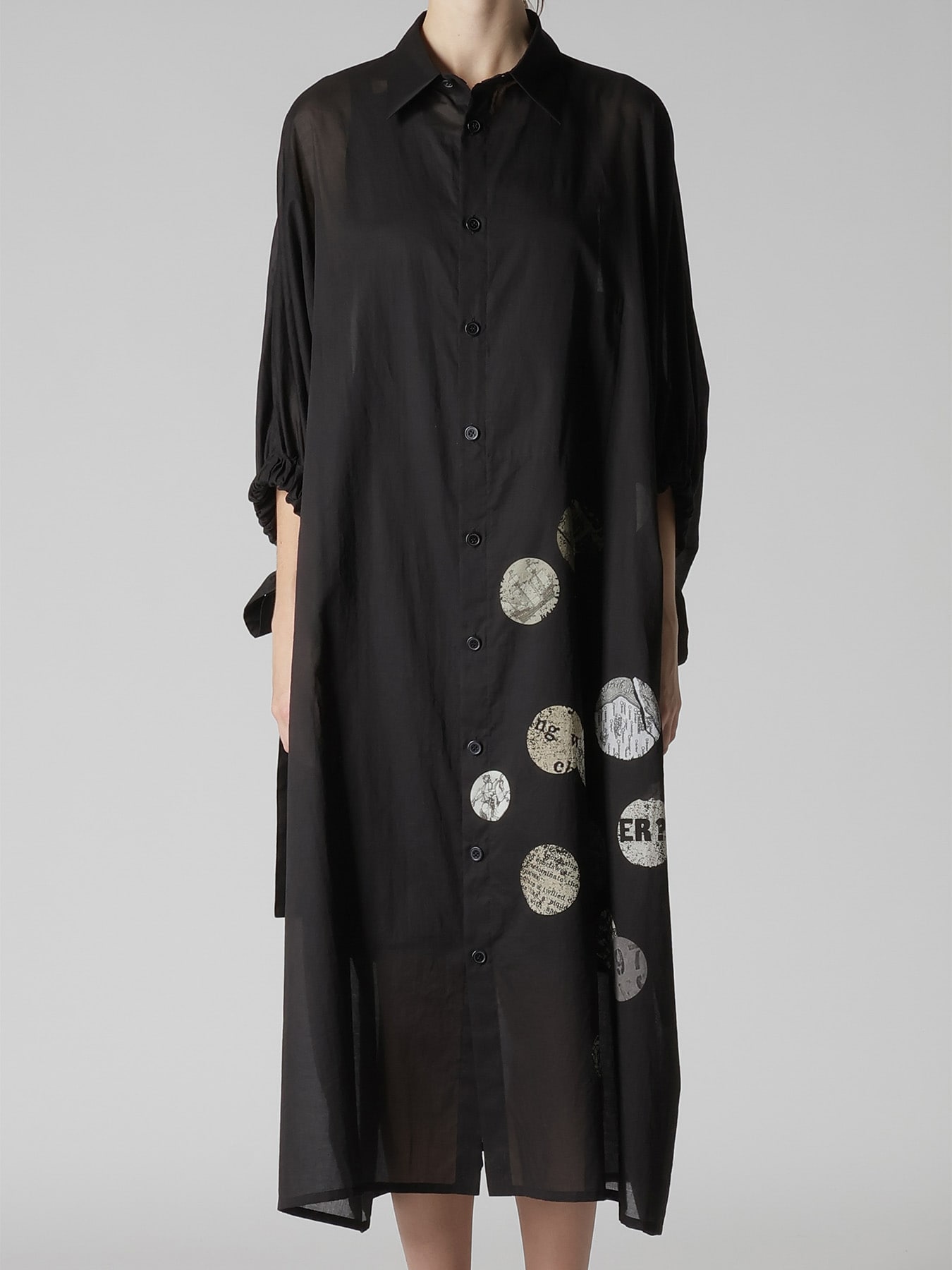 COTTON LAWN ANGEL DOT PRINT GATHERED SLEEVE SHIRT DRESS