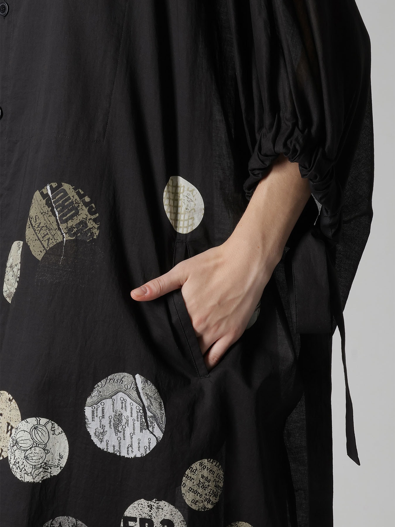 COTTON LAWN ANGEL DOT PRINT GATHERED SLEEVE SHIRT DRESS