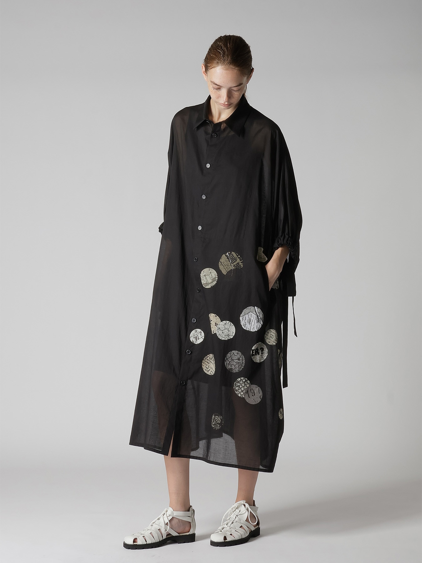 COTTON LAWN ANGEL DOT PRINT GATHERED SLEEVE SHIRT DRESS