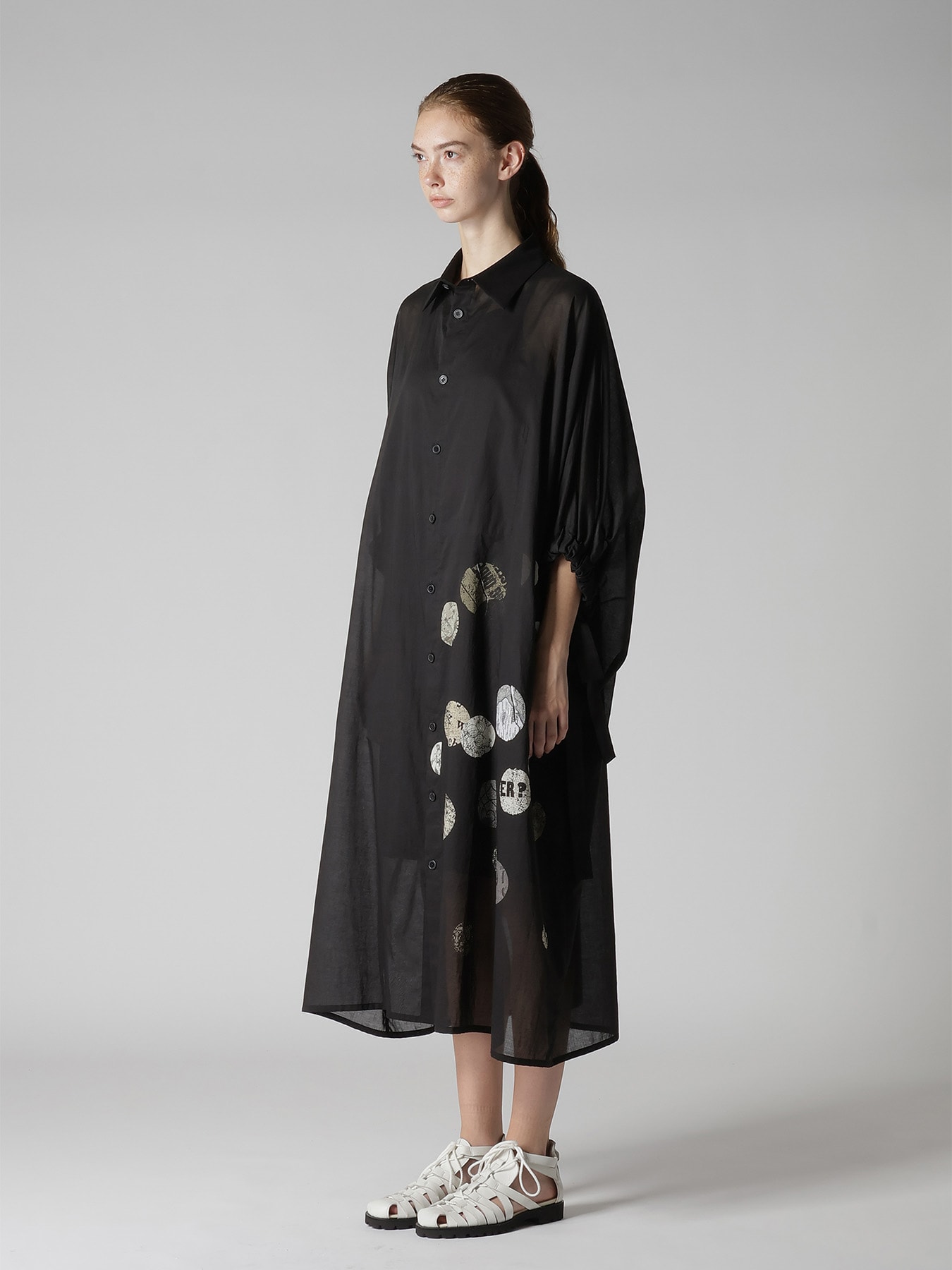 COTTON LAWN ANGEL DOT PRINT GATHERED SLEEVE SHIRT DRESS