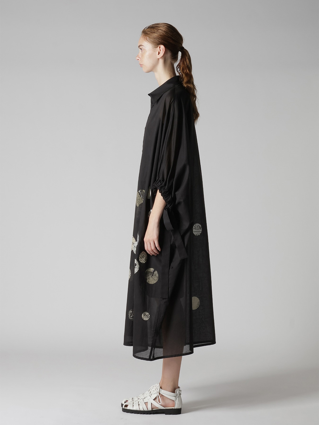 COTTON LAWN ANGEL DOT PRINT GATHERED SLEEVE SHIRT DRESS