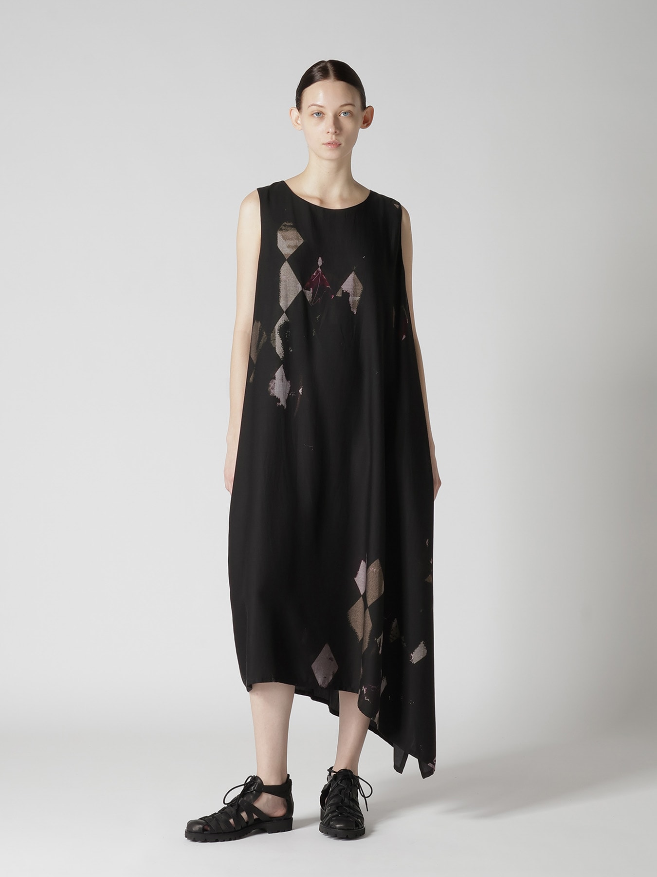 DIAMOND PATTERN CUPRO DUNGAREE SLEEVELESS DRESS