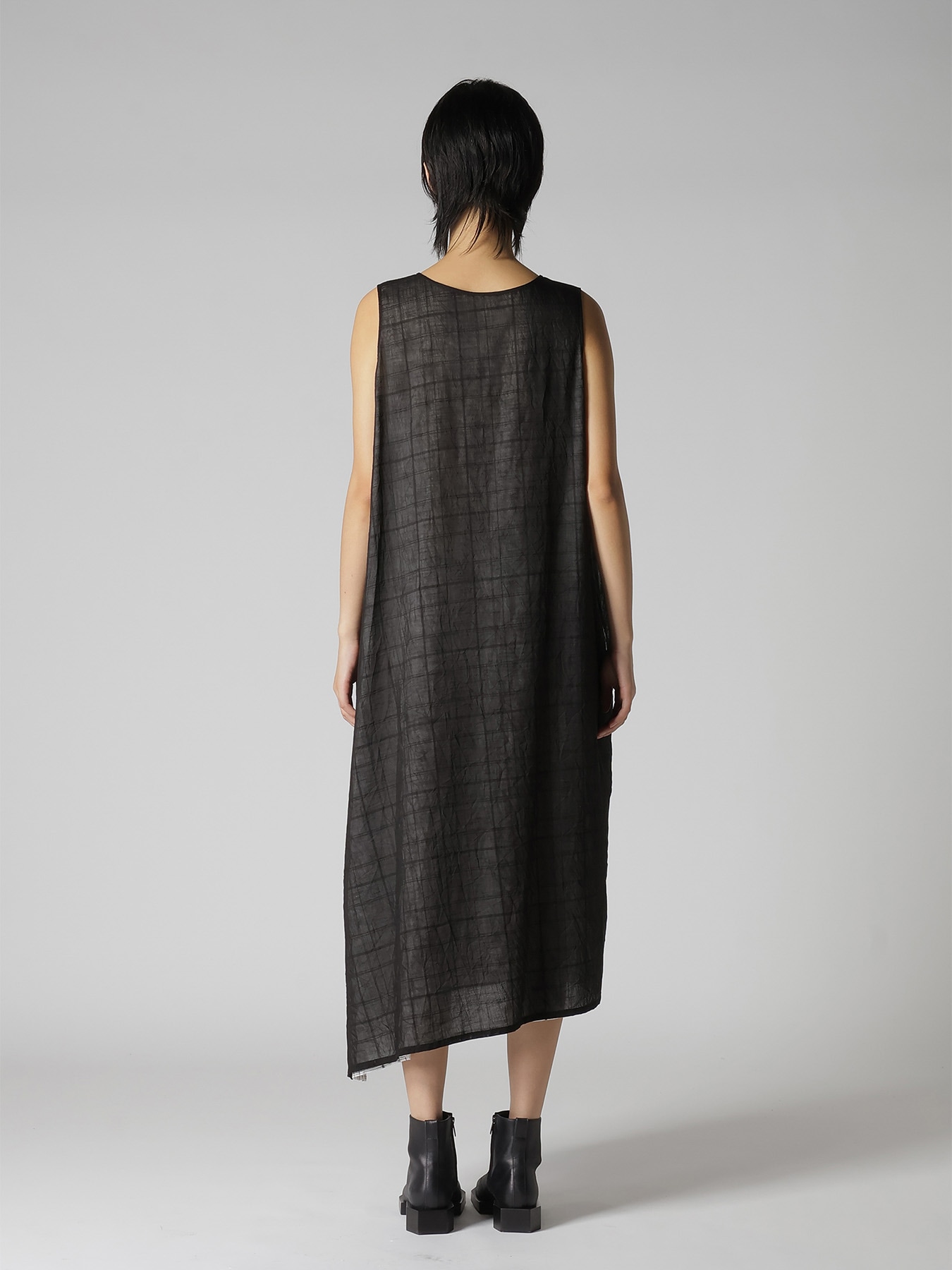 SHEER COTTON-LINEN PLAID LAYER DRESS