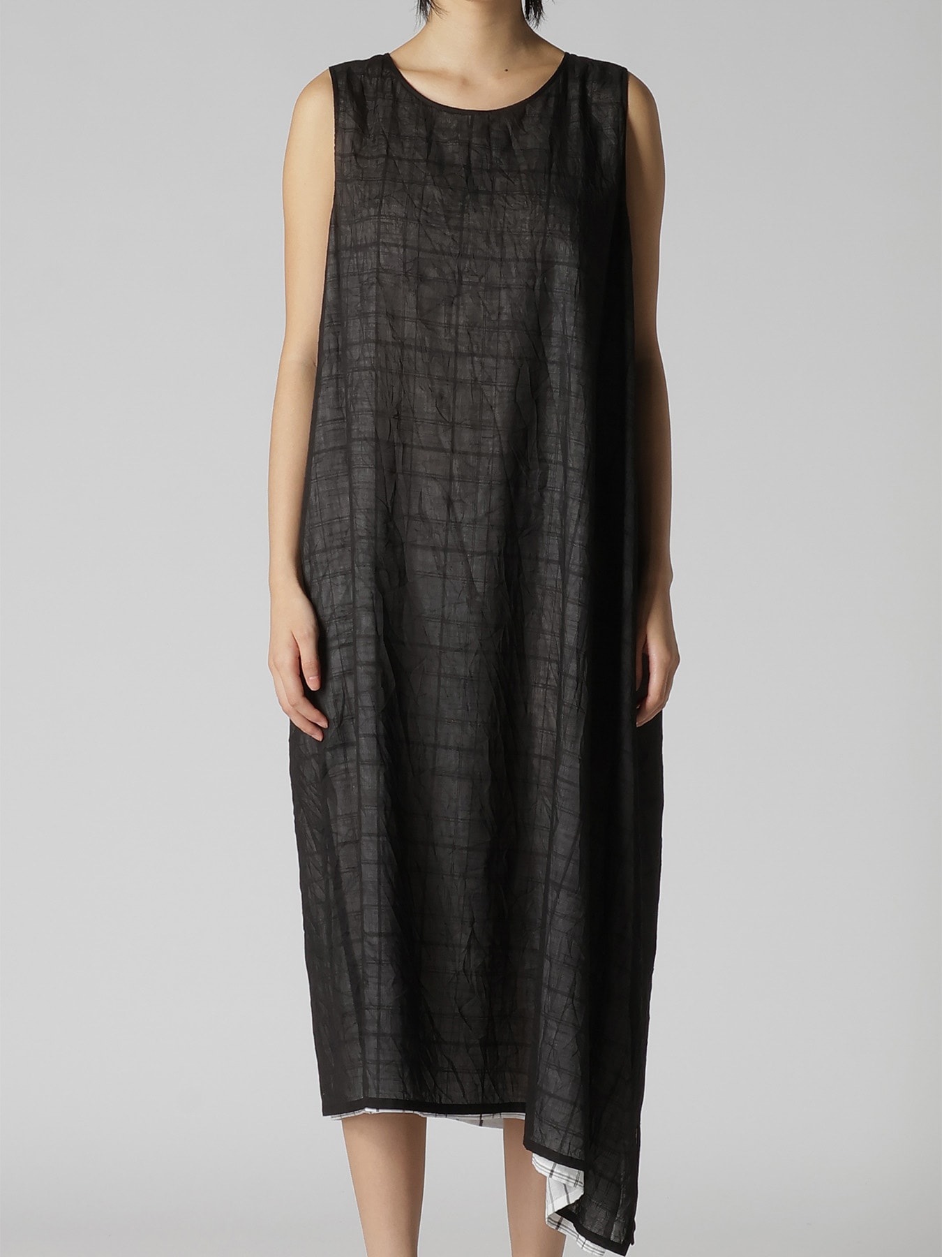 SHEER COTTON-LINEN PLAID LAYER DRESS
