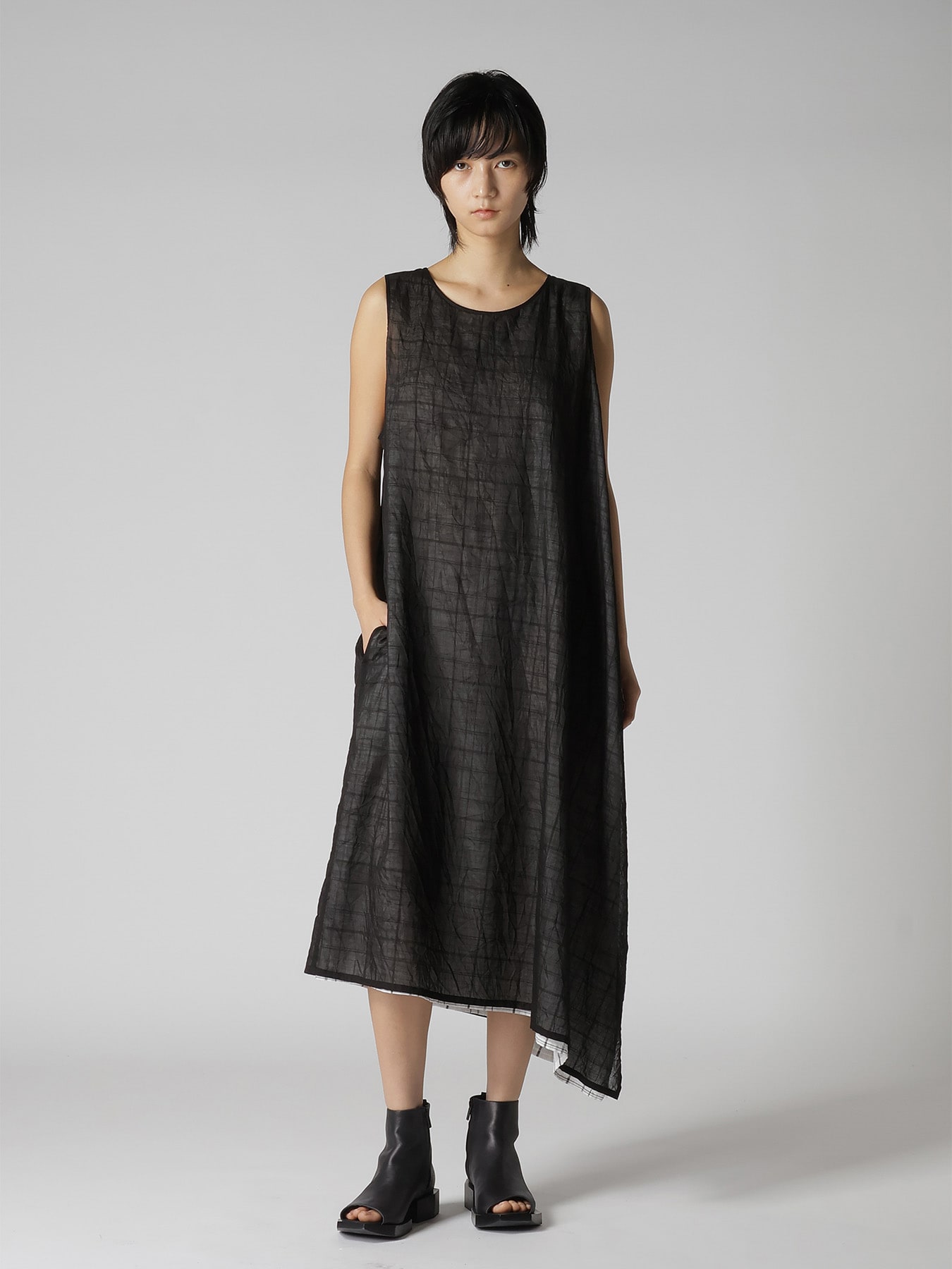 SHEER COTTON-LINEN PLAID LAYER DRESS